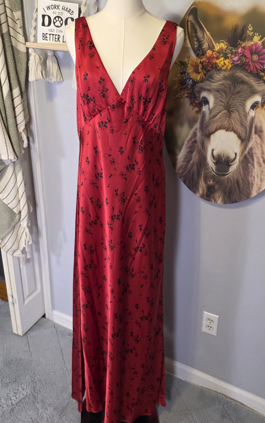 Ralph Lauren Floral Satin Charmeuse Cowlback Gown Size 14 Red Black Label