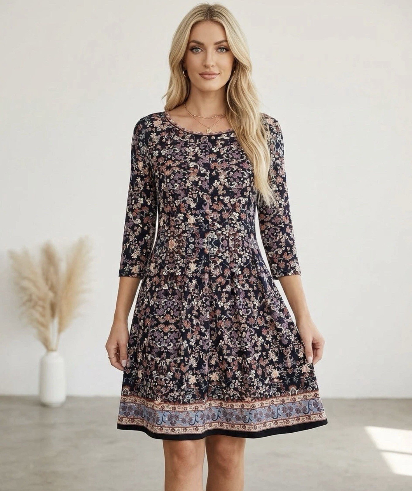 Max Studio Black Floral Fit & Flare Dress Size Small Y2K Boho Chic