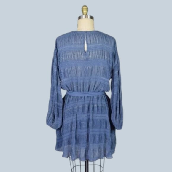 POOKIE & SEBASTIAN Crinkle Stripe Blue Long Sleeve Dress Size Large