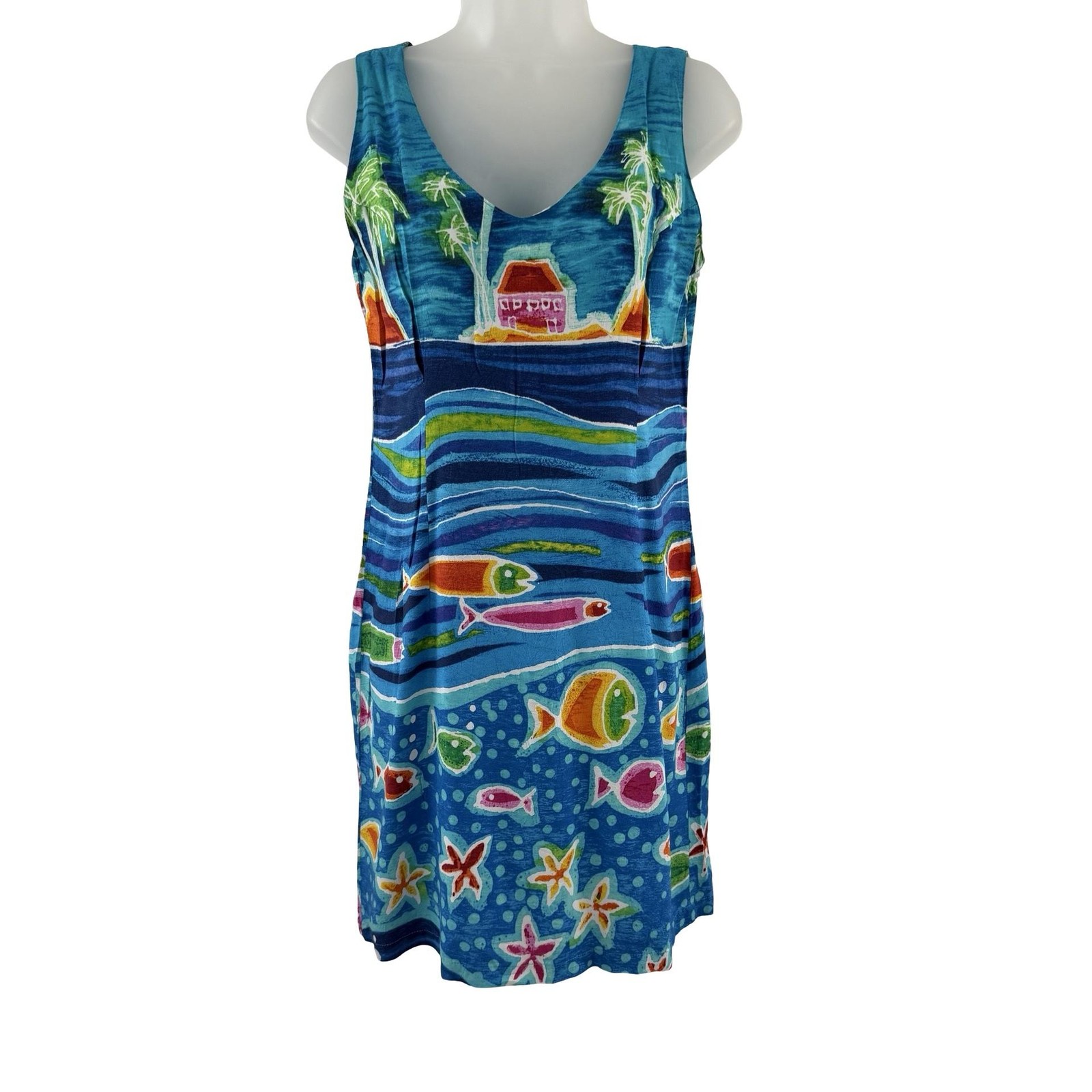 Jams World Dress Womens Small Blue Island Fish Hawaiian Tank Sundress Mini Rayon