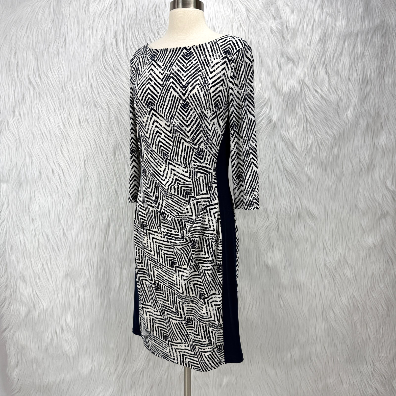 Lauren Ralph Lauren Dress Navy White Sz 10 Geometric Print Ruched 3/4 Sleeve