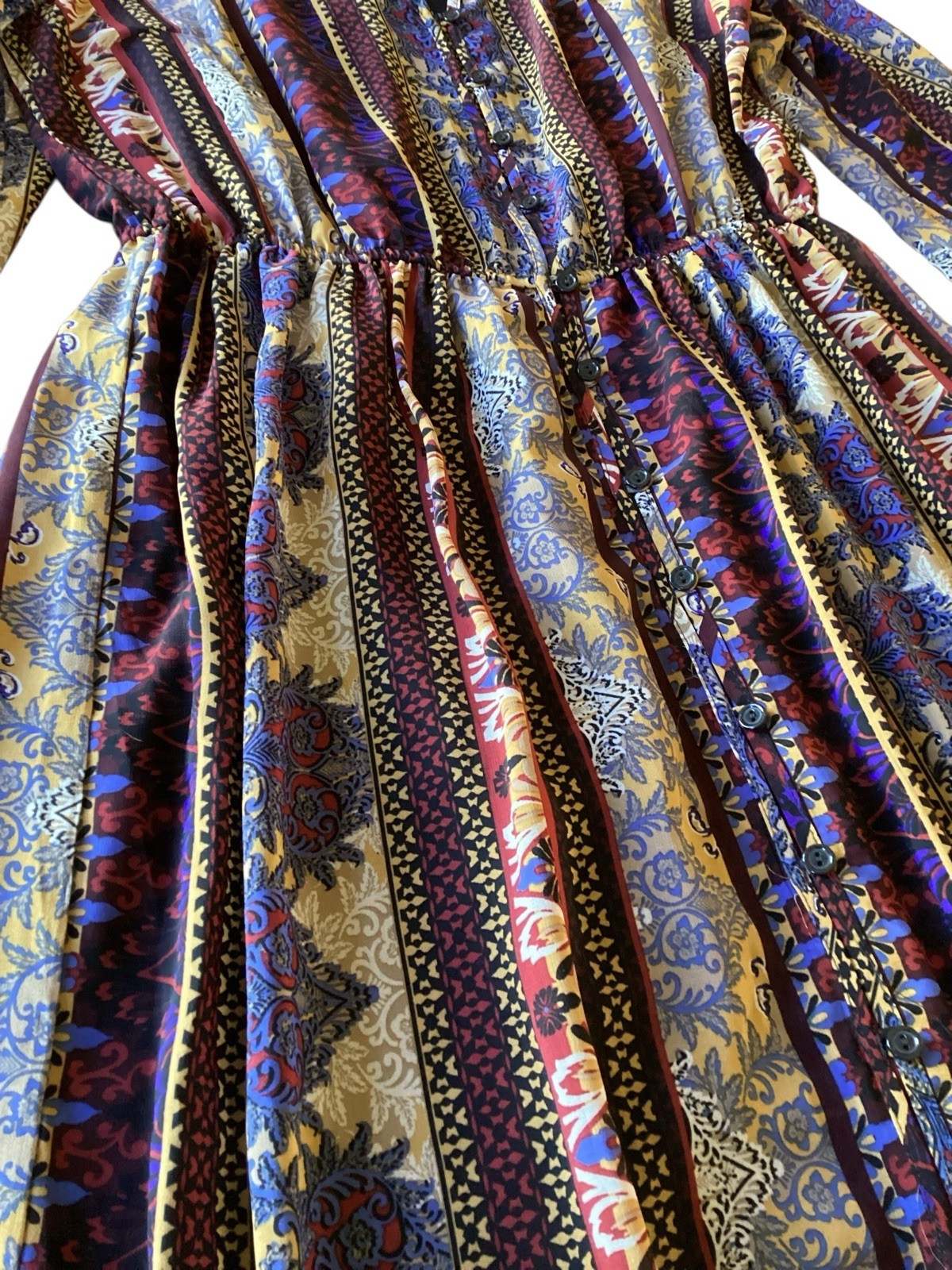 Boho Maxi Dress Long Sleeve Button Front Floral Striped Southwestern VTG Style L