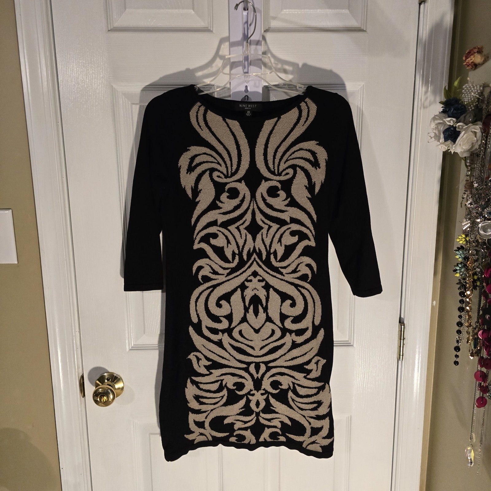 Nine West Women’s Knit 3/4 Sleeve Black-Tan Pencil Stretch Sweater Dress Size XS