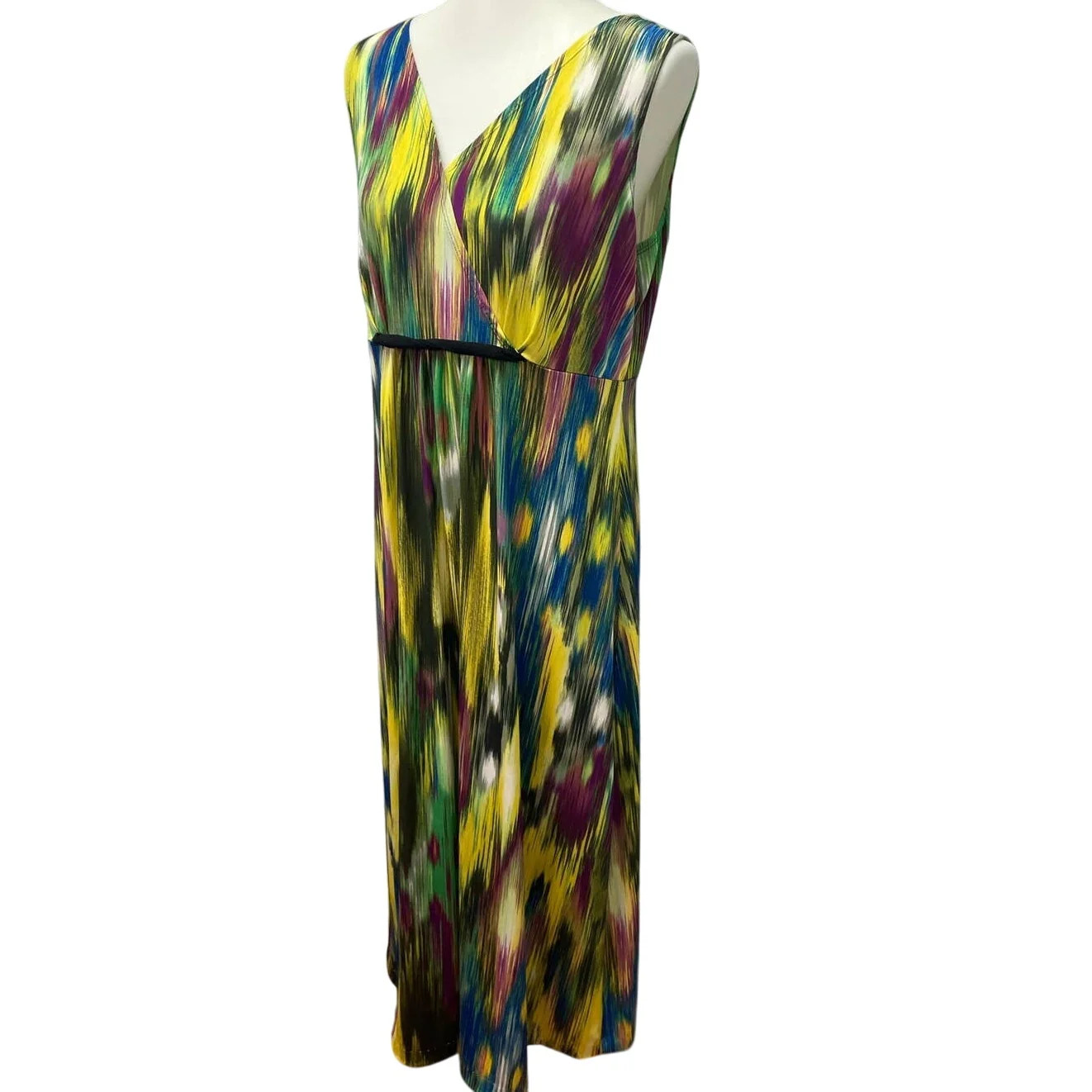 Elementz Large Long Watercolor Stripe Sleeveless Deep VNeck Polyester Maxi Dress