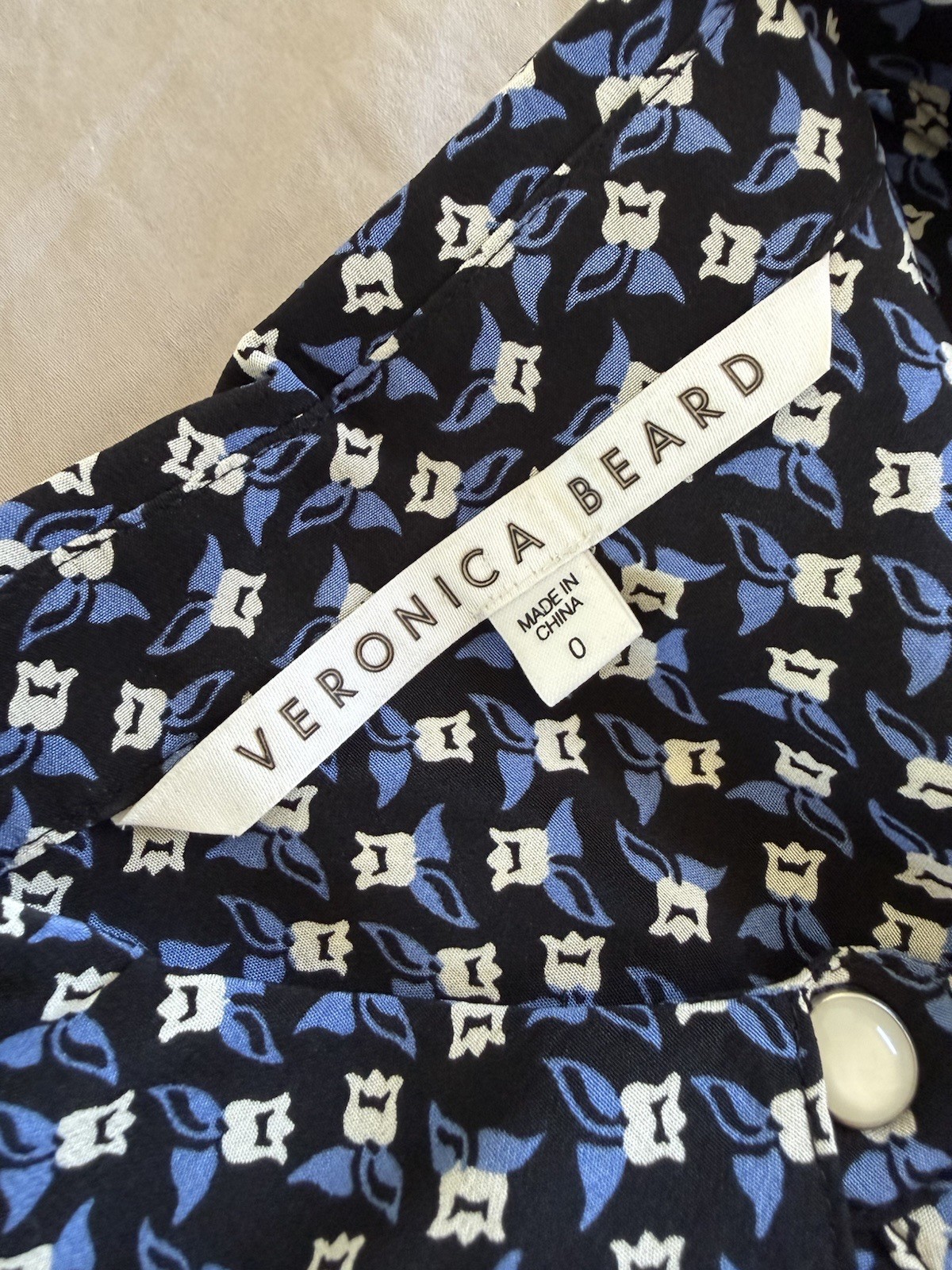 Veronica Beard 100% Silk Shirt Dress Blue Black Print Long Sleeve Size 0