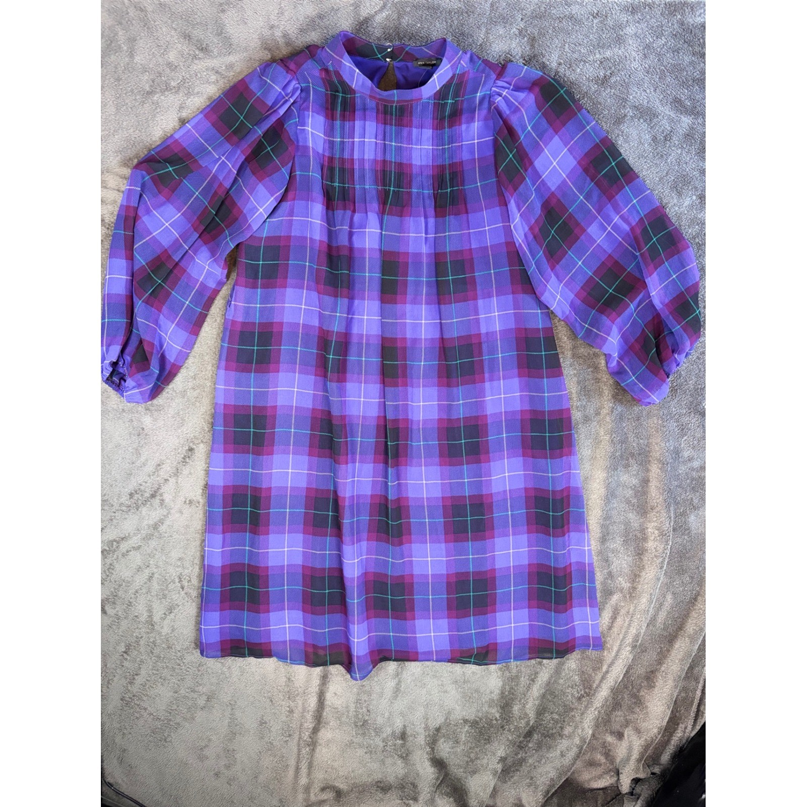 Ann Taylor Purple Plaid Pleated High Neck Shift Dress Petite XS NWT