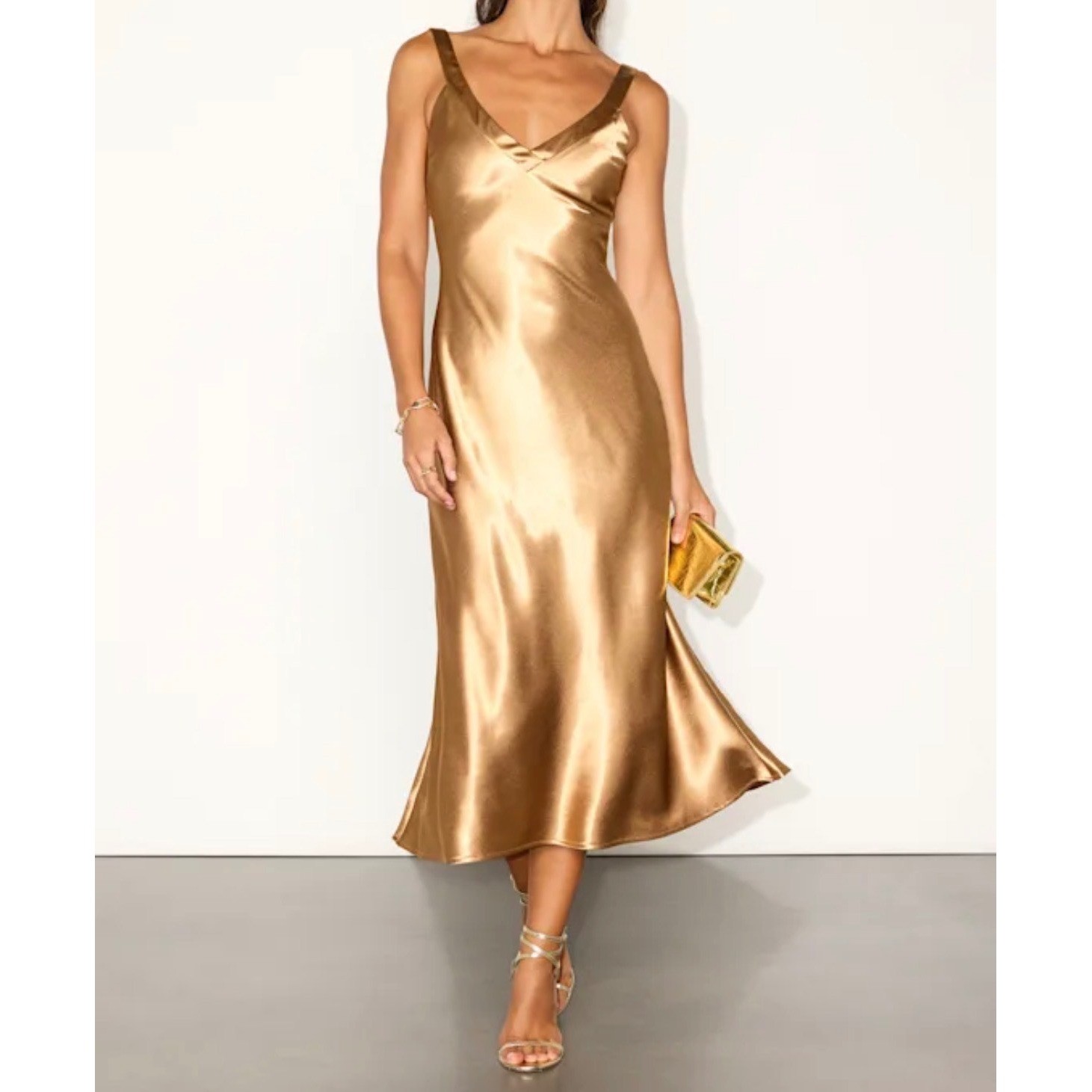 Lulus Perfectly Classy Gold Satin Strappy Midi Dress Open Back XS NEW