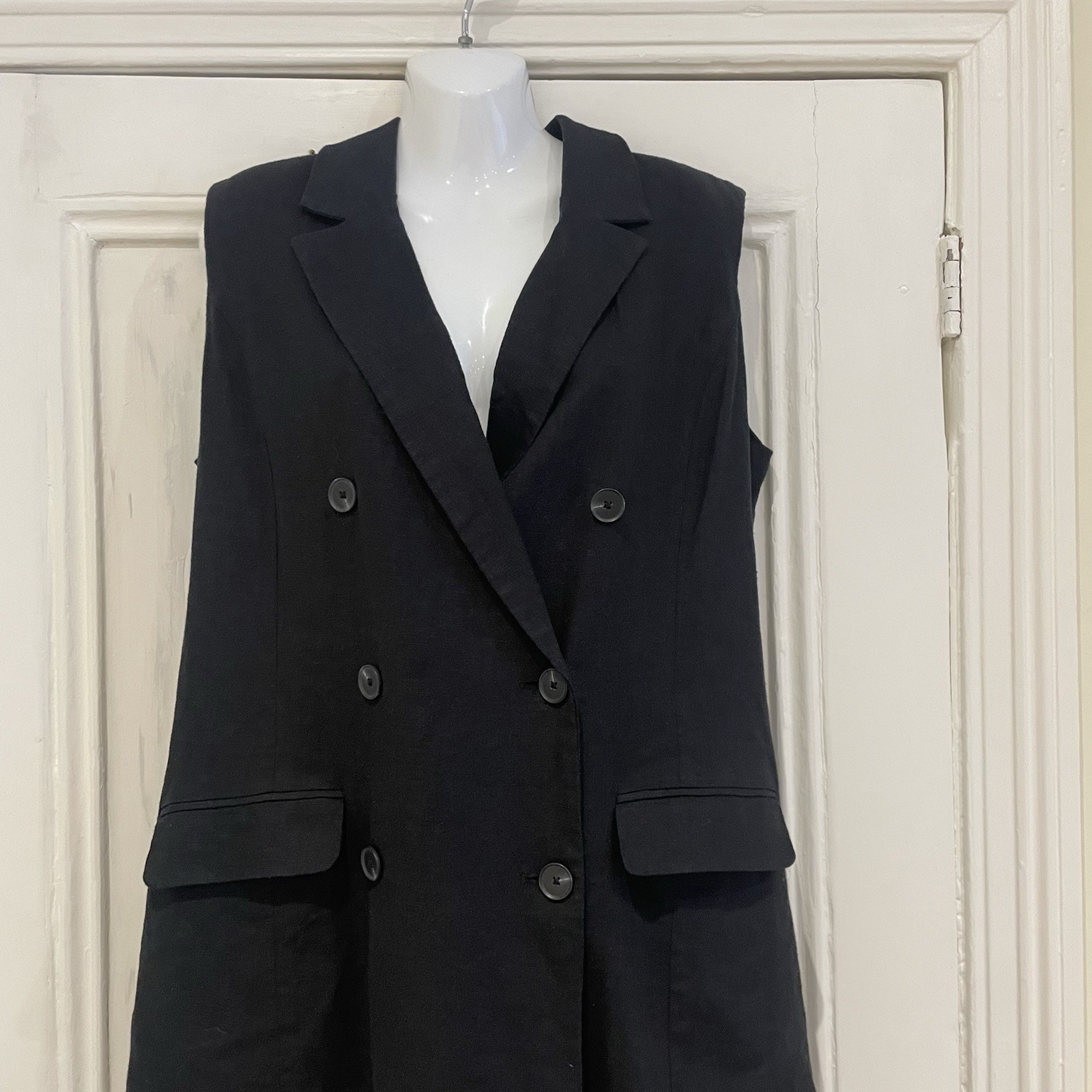 F&F Linen Rich Black Longline Waistcoat Dress – Size 14 – Sleeveless – Collared