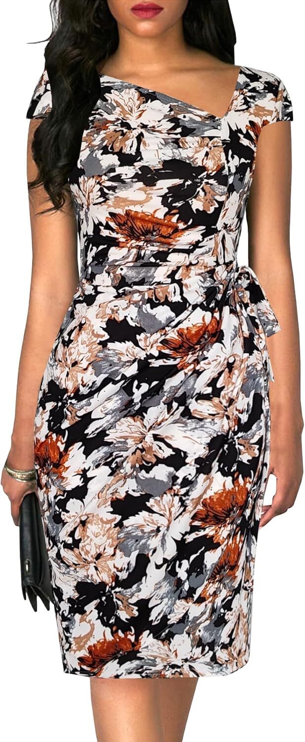 Women’s Vintage Cap Sleeve Asymmetrical Neckline Sheath Bodycon Dress
