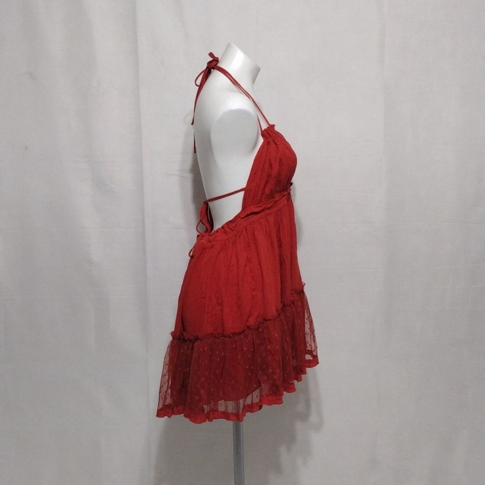 Bohemian Halter Neck Plunge VNeck Open Back Tiered Mini Dress Medium Chic Trendy