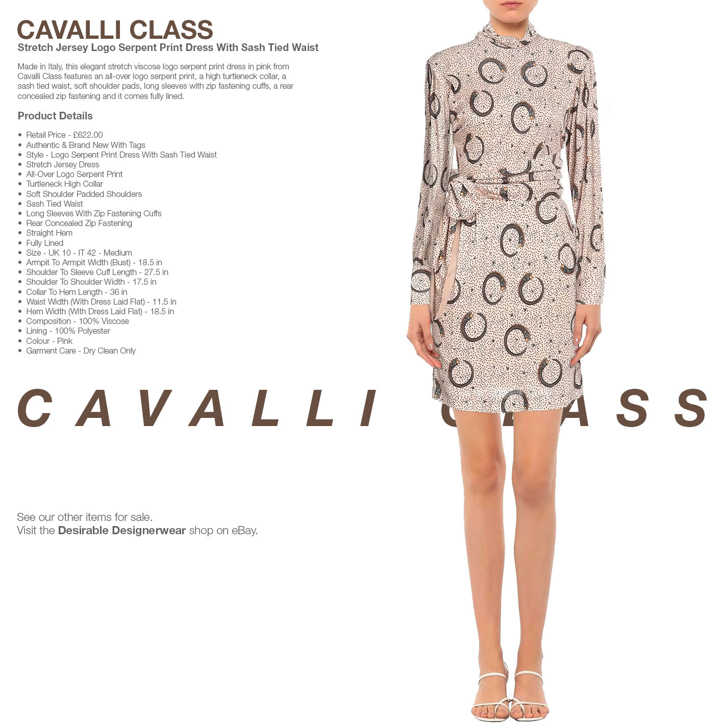 CAVALLI CLASS Dress Sash Waist Snake Print Belted Dress Pink Size 40 RP £622.00