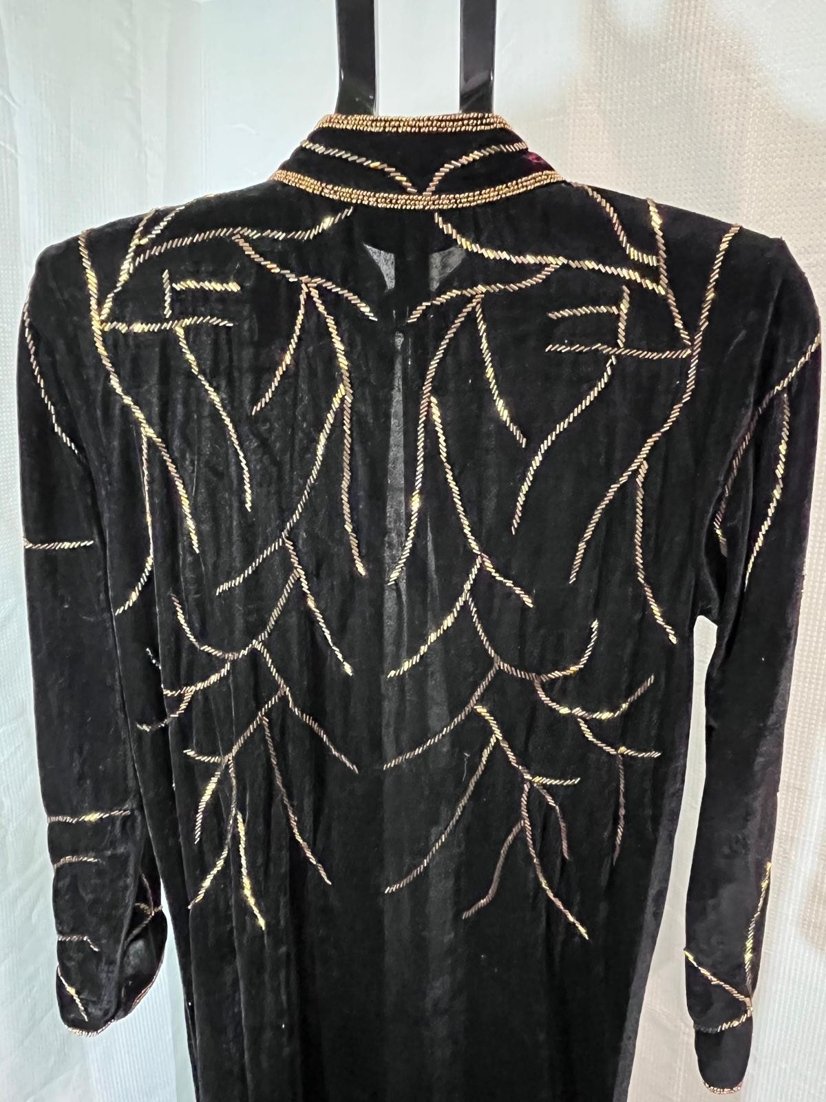 Black Velvet Beaded Sequin Duster Coat Open Front Floor Length Jacket