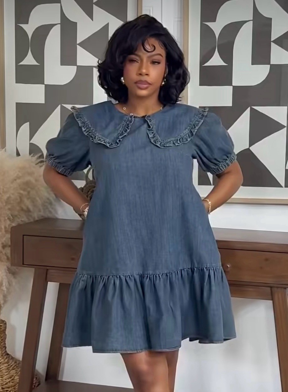 Modenaire Blue Cotton Denim Collared Ruffle Puff Sleeve Mini Dress Size M