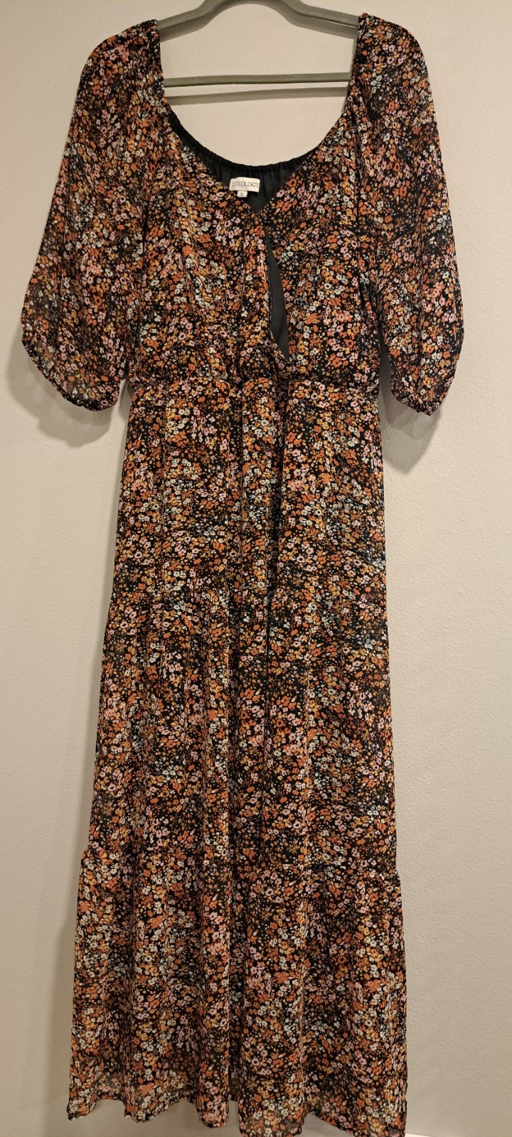 Luxology Floral Tiered Maxi Dress Size XL Black Pink Ditsy Surplice Elbow Sleeve