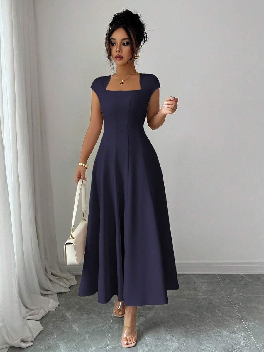 Elegant Square Neck A Line Dress Women Slim Fit Formal Evening Midi Dress