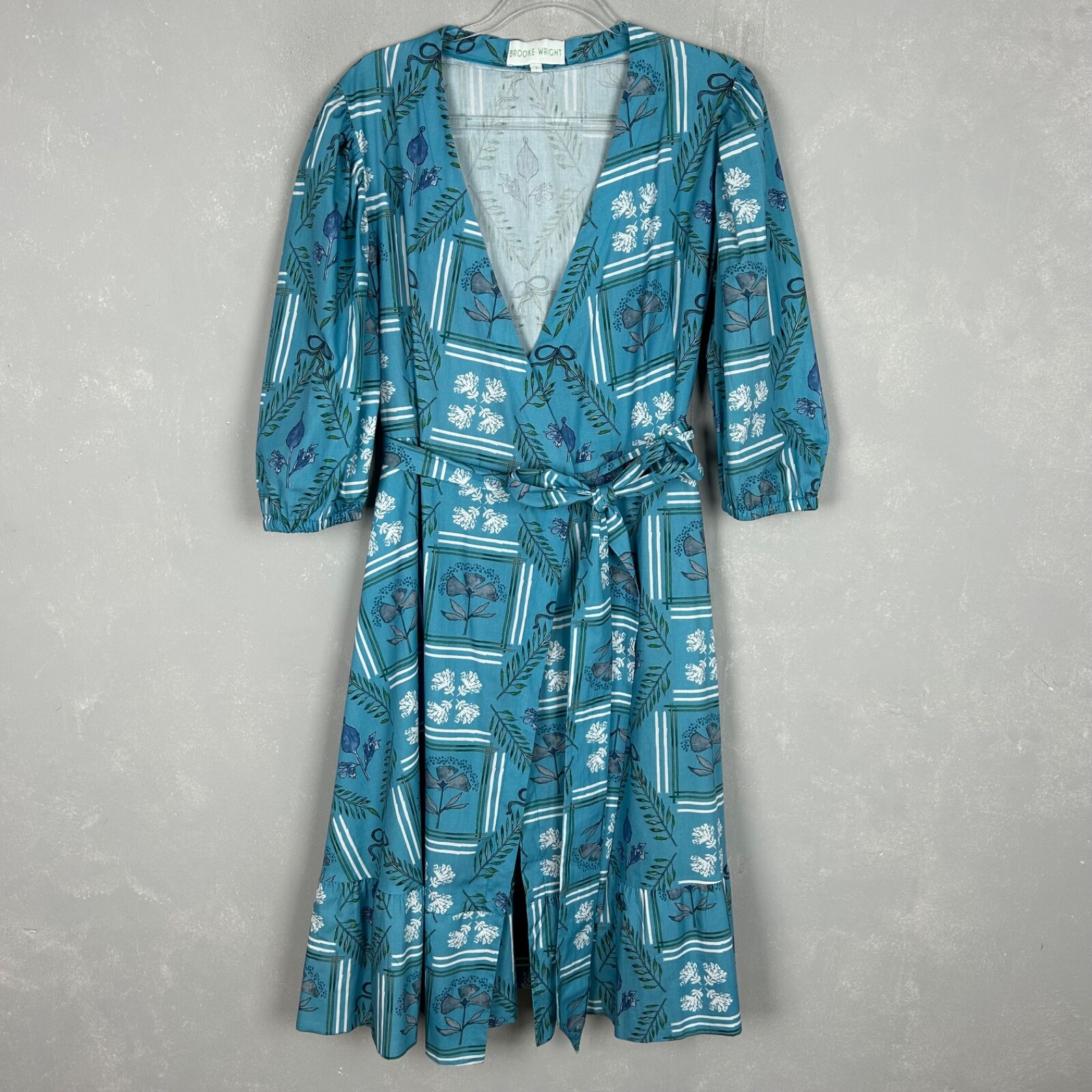 Brooke Wright size L Kitty midi wrap dress blue botanical floral linen cotton