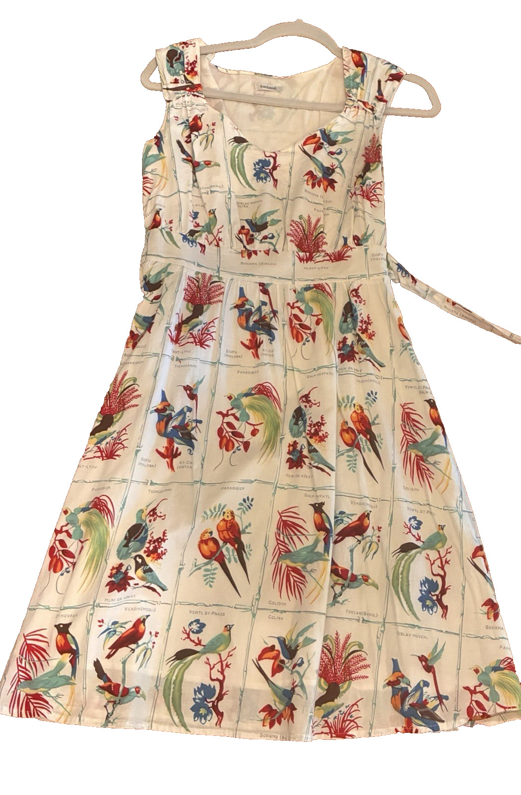 Vintage Cacharel sleeveless midi dress, botanical, tropical bird, size 38/6