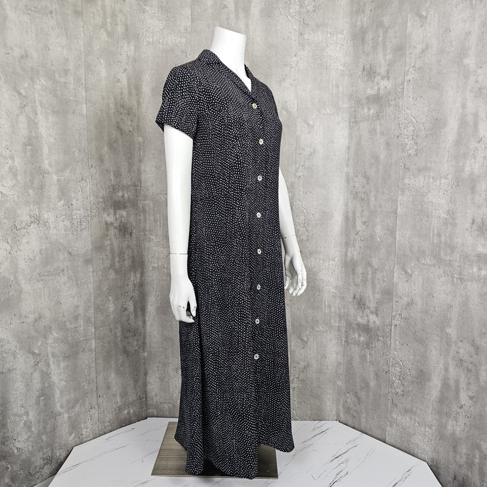 Mod Ref Size S Black White Small Polka Dot Shirt Dress Casual Midi Short Sleeve