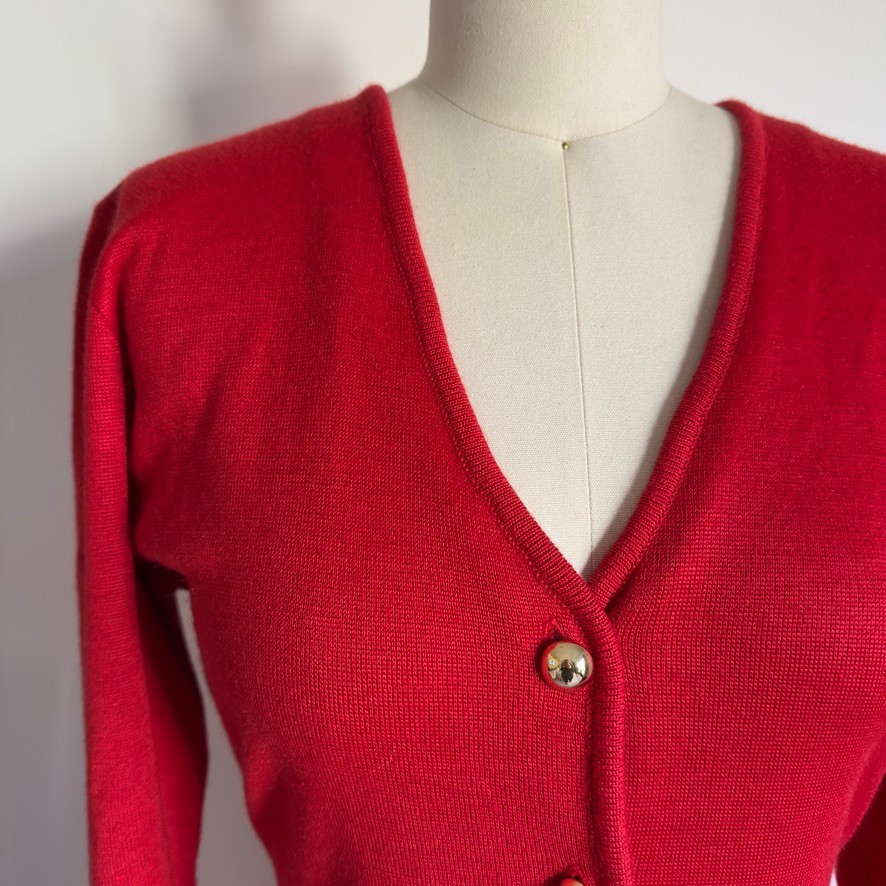 VTG Adele Joyce Wool Blend Fitted Knit Button Up Dress-Red W/ Gold Buttons-Sz M