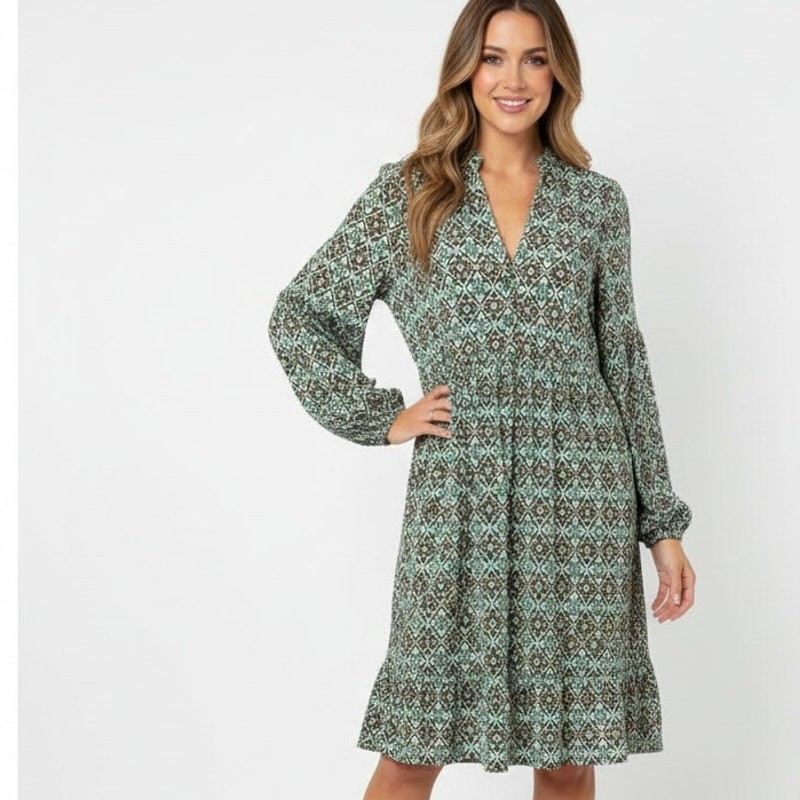 Suzanne Betro NEW Tiered Dress Womens Sz Large Teal Navy Medallion Babydoll NWT