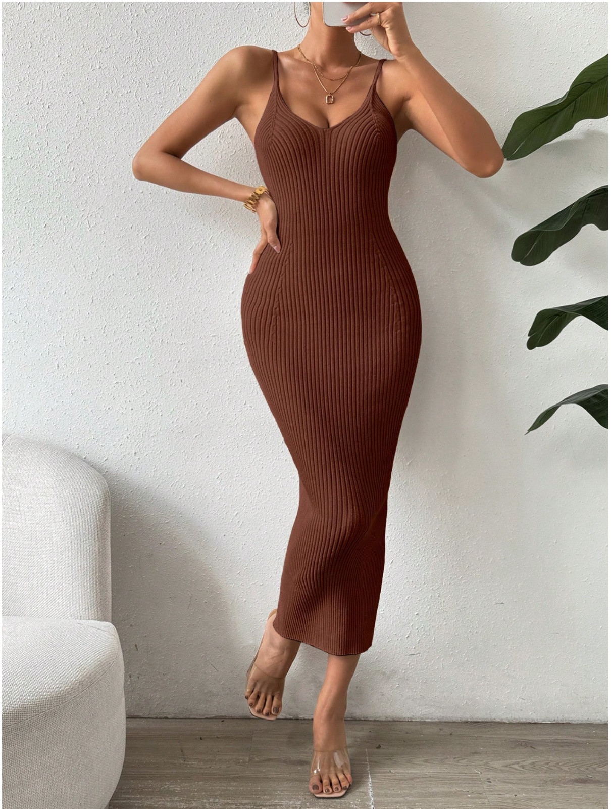 Brown Clasi Casual Solid Color Slim Fit Knit Tank Dress Sz S M L
