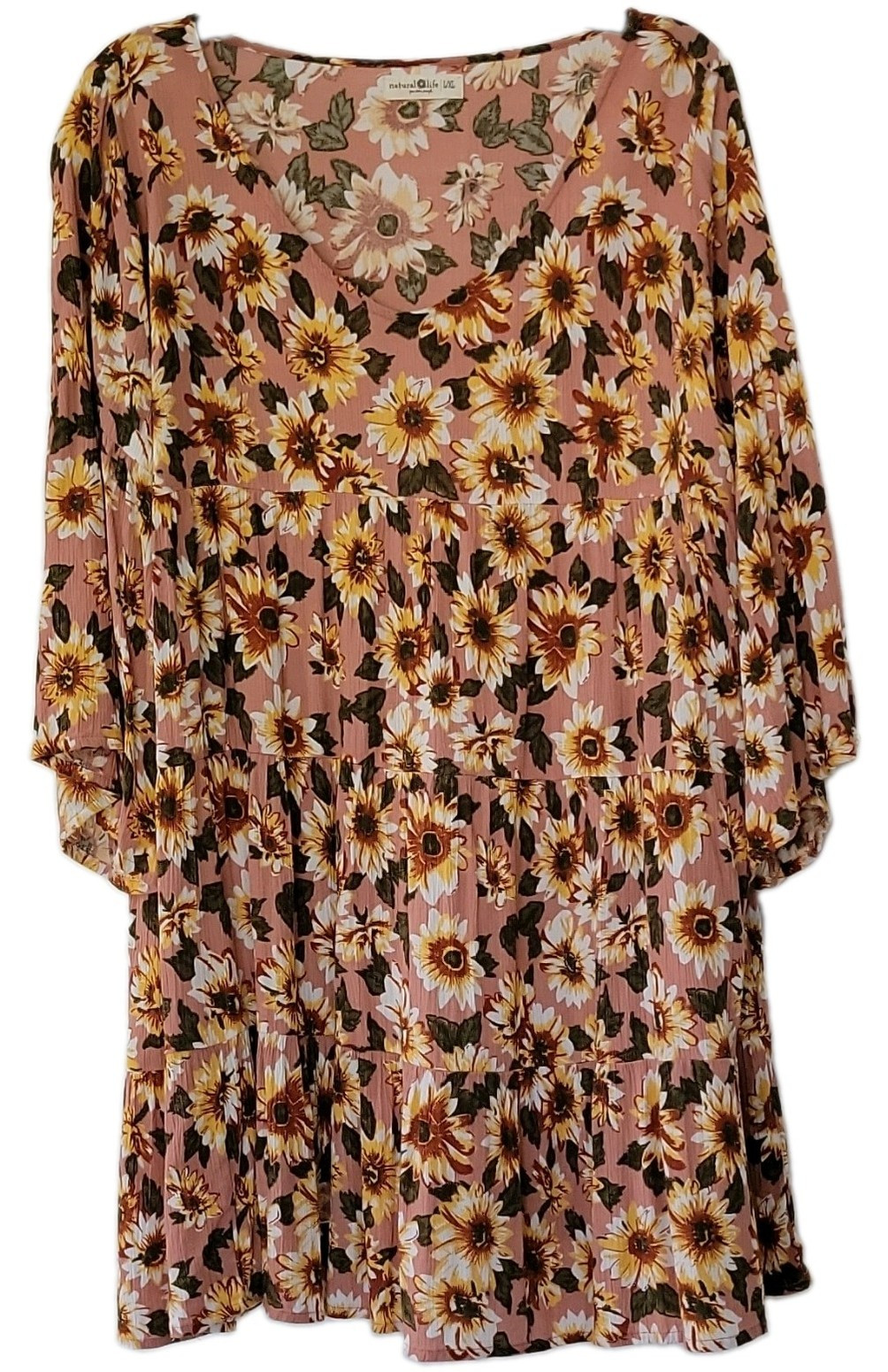Natural Life L/XL Pink Floral Babydoll Dress V-Neck Long Bell Sleeve Rayon