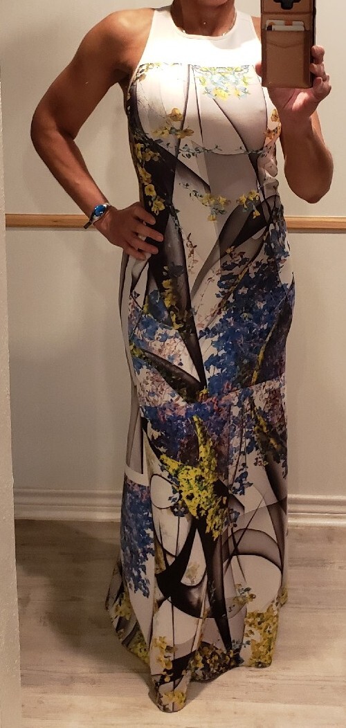 CLOVER CANYON Neoprene Scuba White Black Blue Lime Geo Print A-Line Maxi Dress M