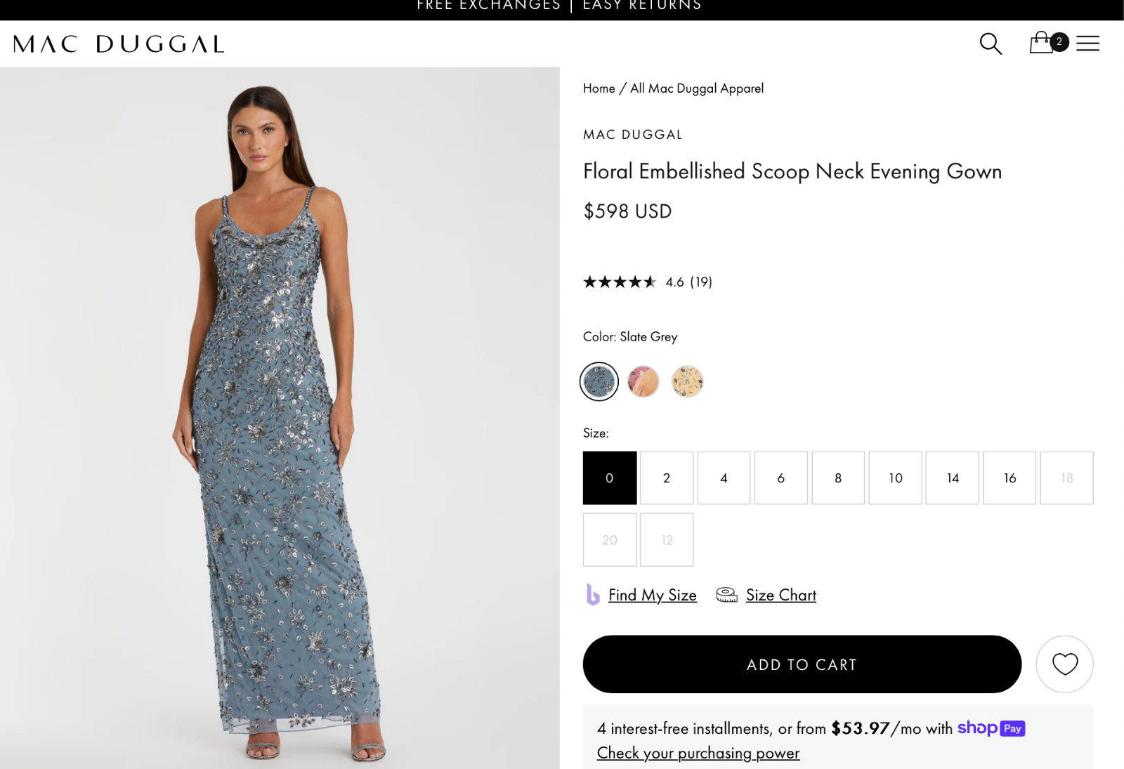 NWT Mac Duggal [ 0 ] 5477 Floral Embellished Scoop Neck Evening Gown Slate Q1072