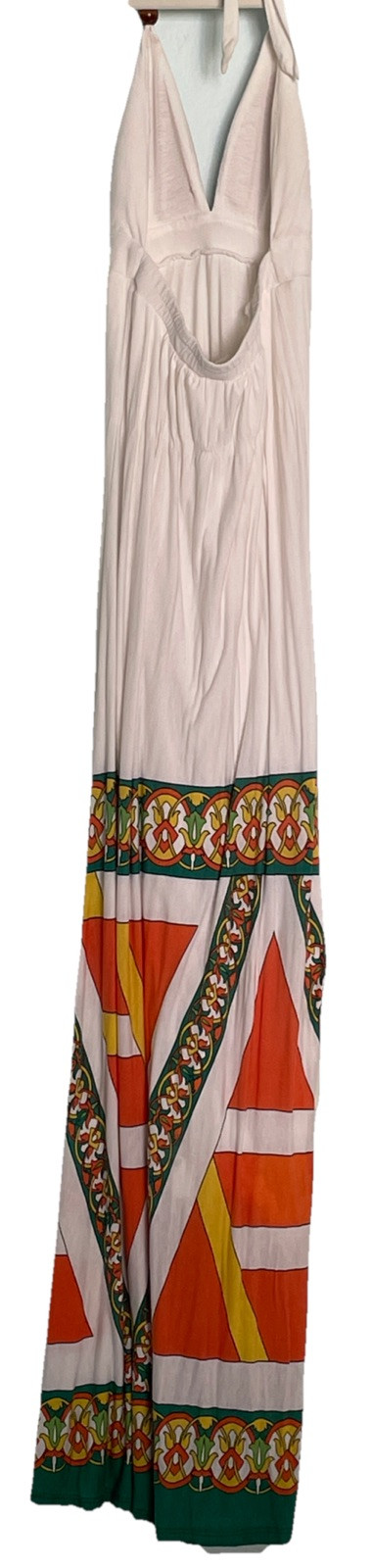 Halter Maxi Dress White S Empire Waist Lined Aztec Floral Hippie Boho Resort