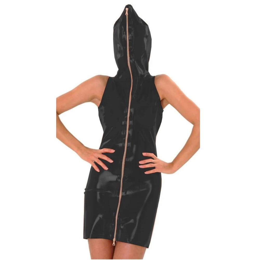 Novelty Hooded Dress Zipper Front PVC Cosplay Party Dress Sexy Bodycon Dress