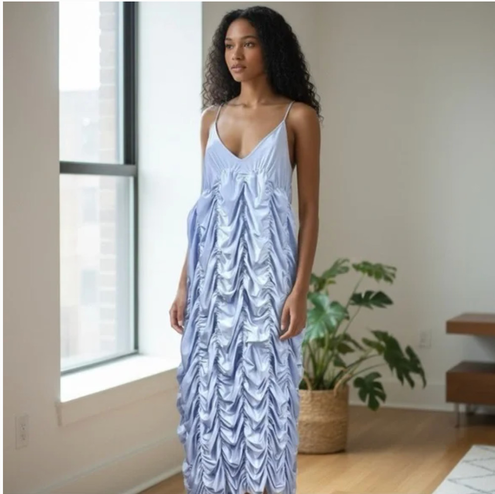Ester Manas Periwinkle One Size Spaghetti Straps Ruched Stretch Midi Dress