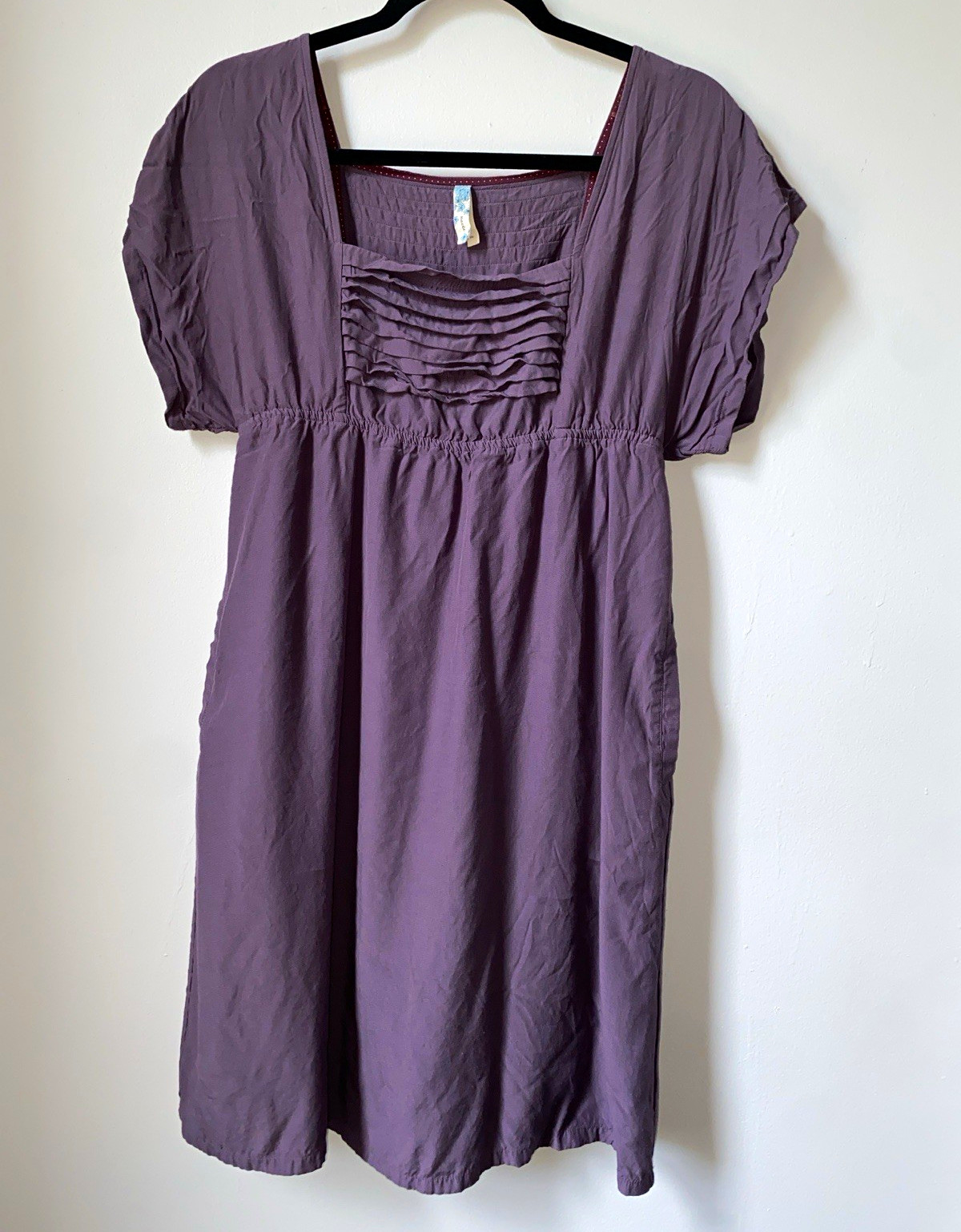 Maeve Plum Solid Square Neck Puff Short Sleeve Ruffle A-Line Dress M