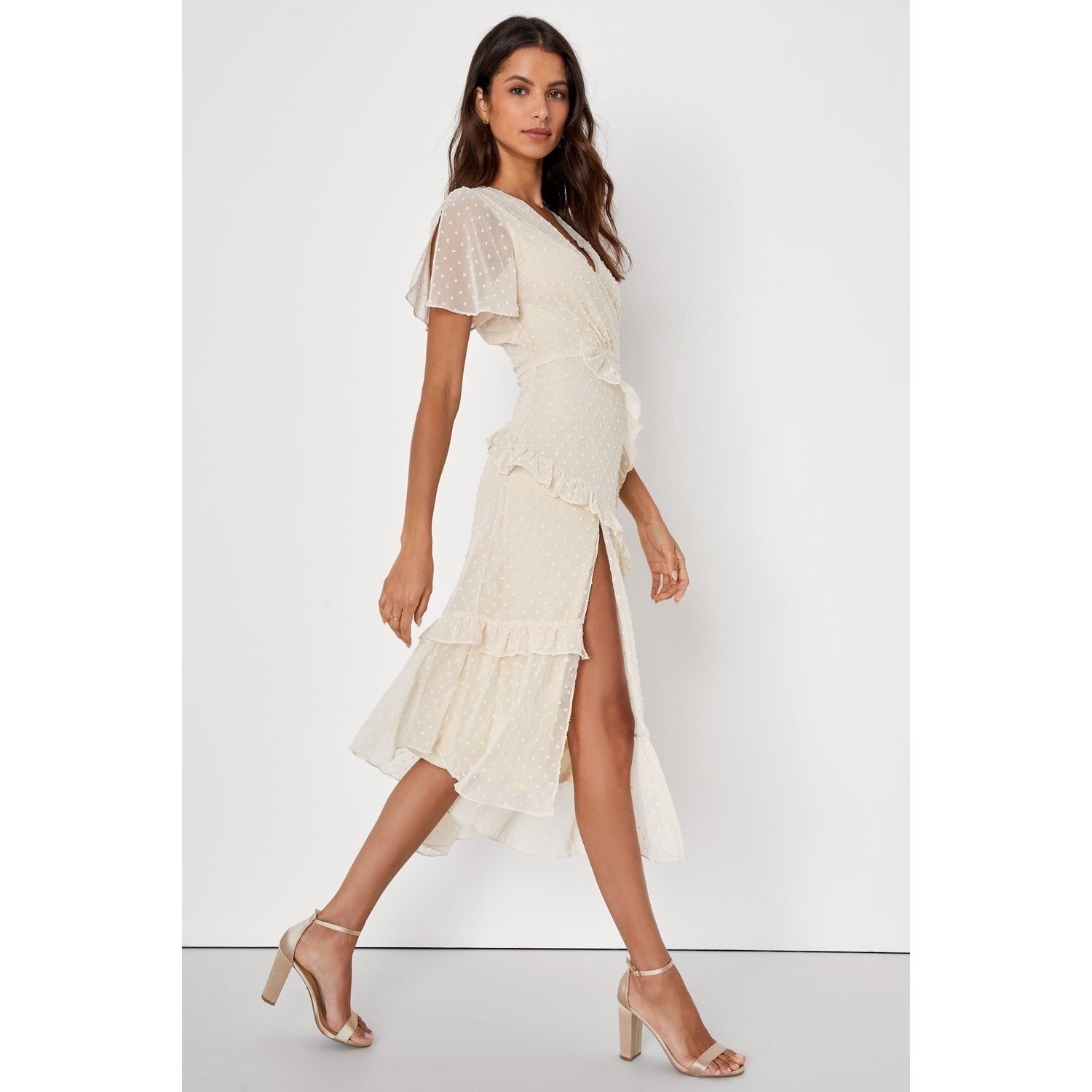 Lulus Cream Swiss Dot Ruffle Flutter Sleeve High Low Midi Dress Ivory Size S