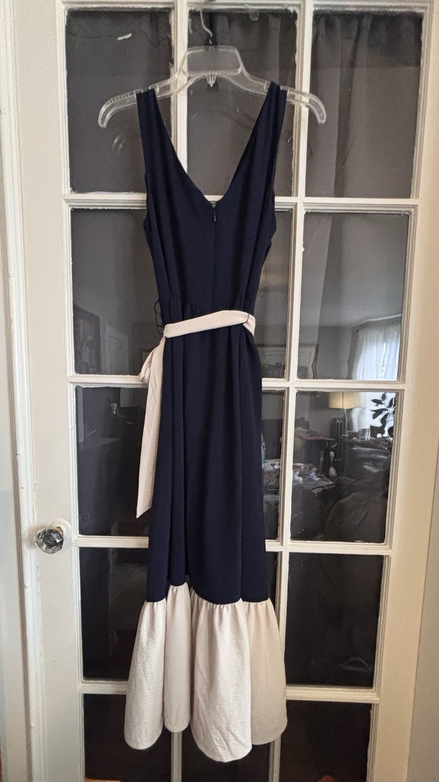 Navy/Cream Sleeveless Midi Fit & Flare Dress V-Neck Colorblock Belted