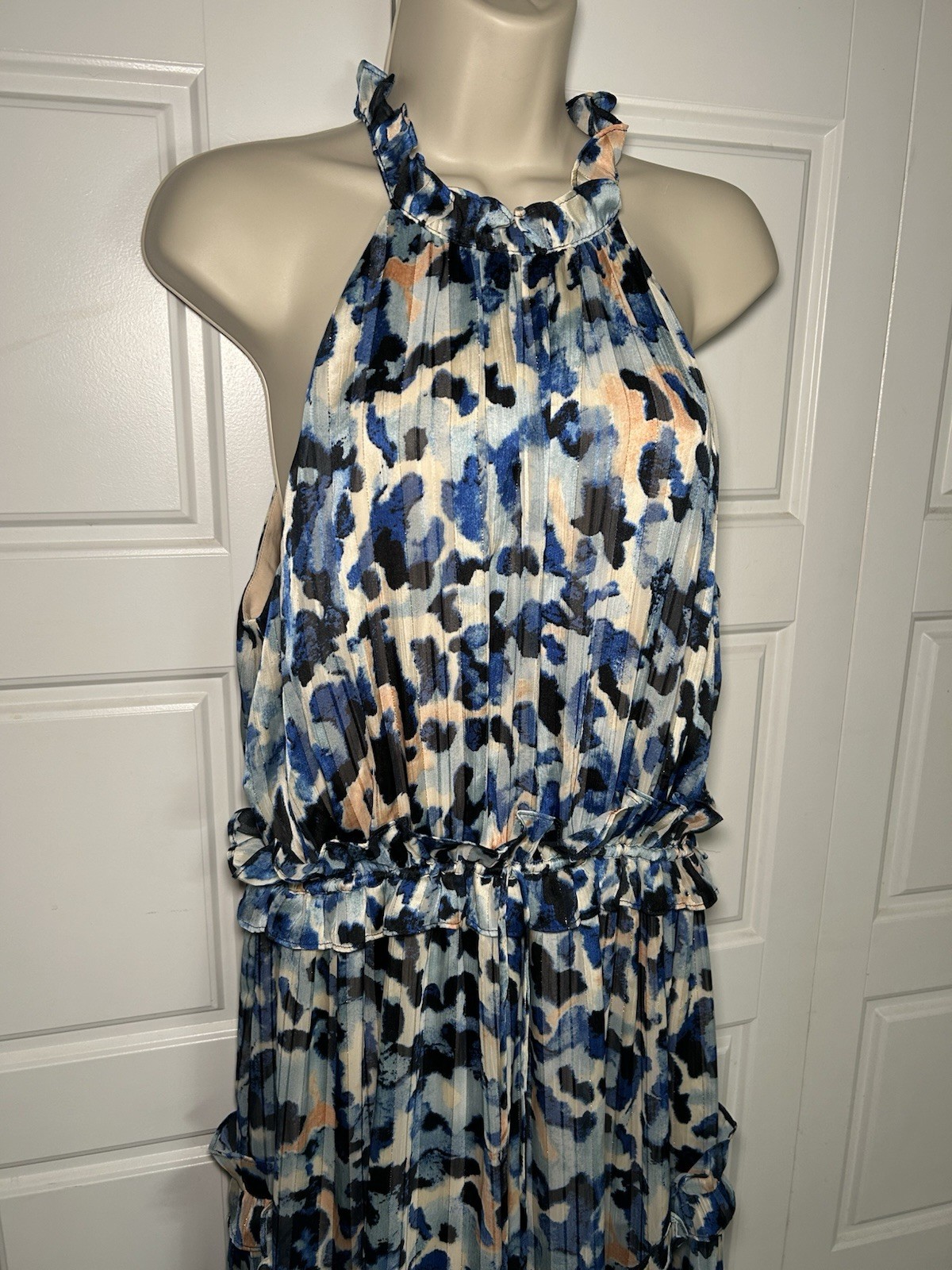 ELLIATT Halter Maxi Dress L Blue Metallic Watercolor Formal Wedding Guest NWT