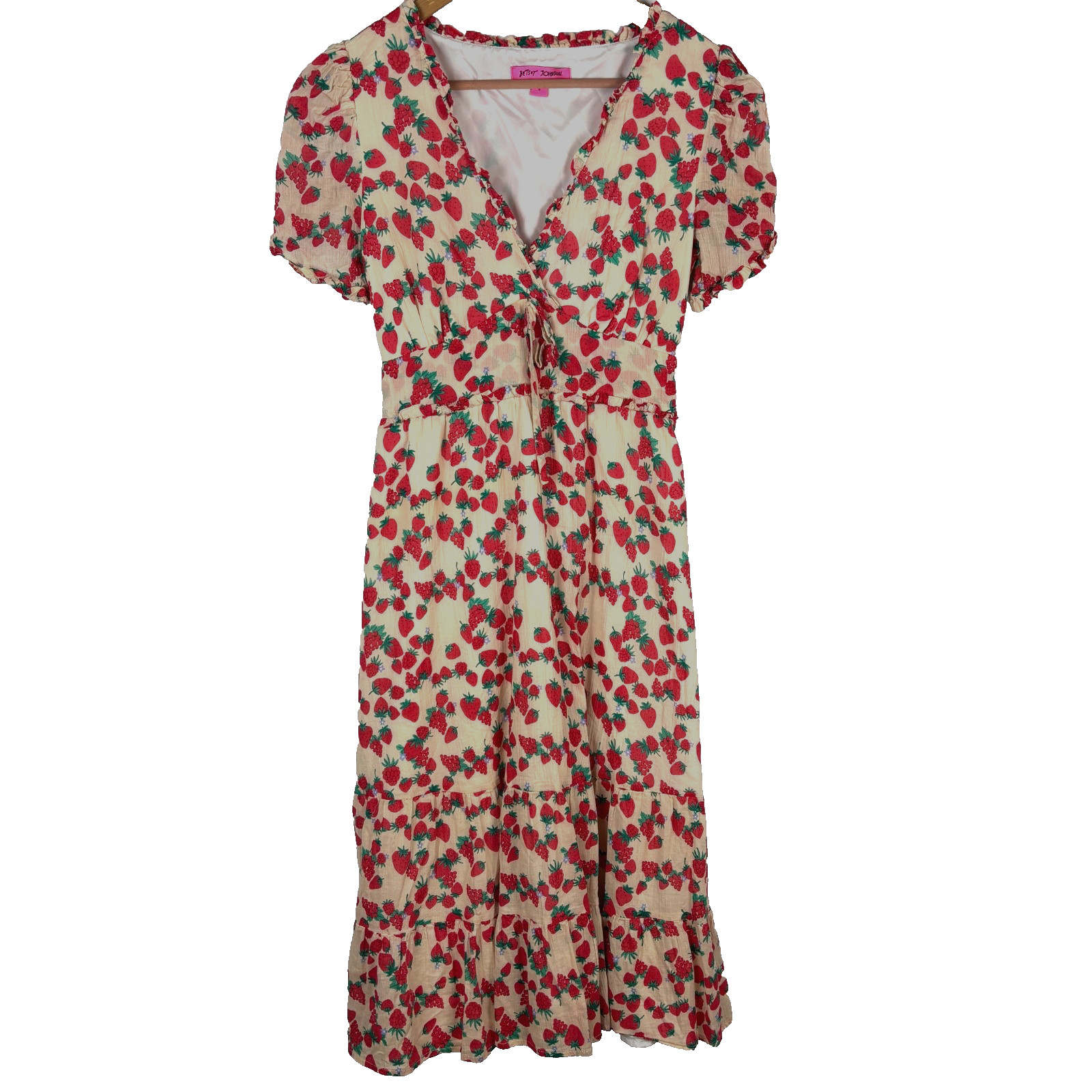 Betsey Johnson Strawberry Print Babydoll Y2K Tiered Midi Dress Sz S Puff Sleeve