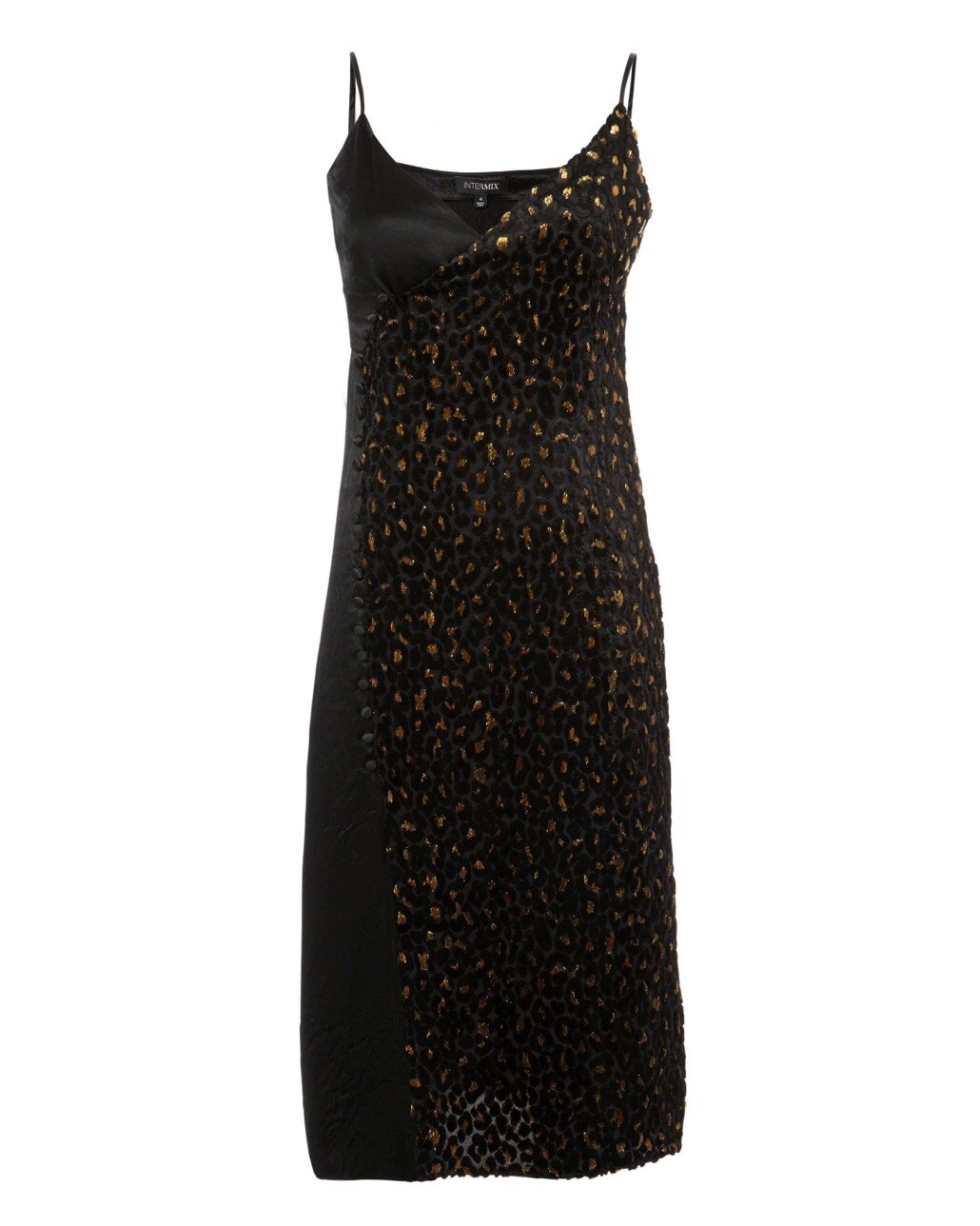 INTERMIX Ava Slip Velvet Black/Gold Leopard Print Midi Slip Dress with Slit Sz.0