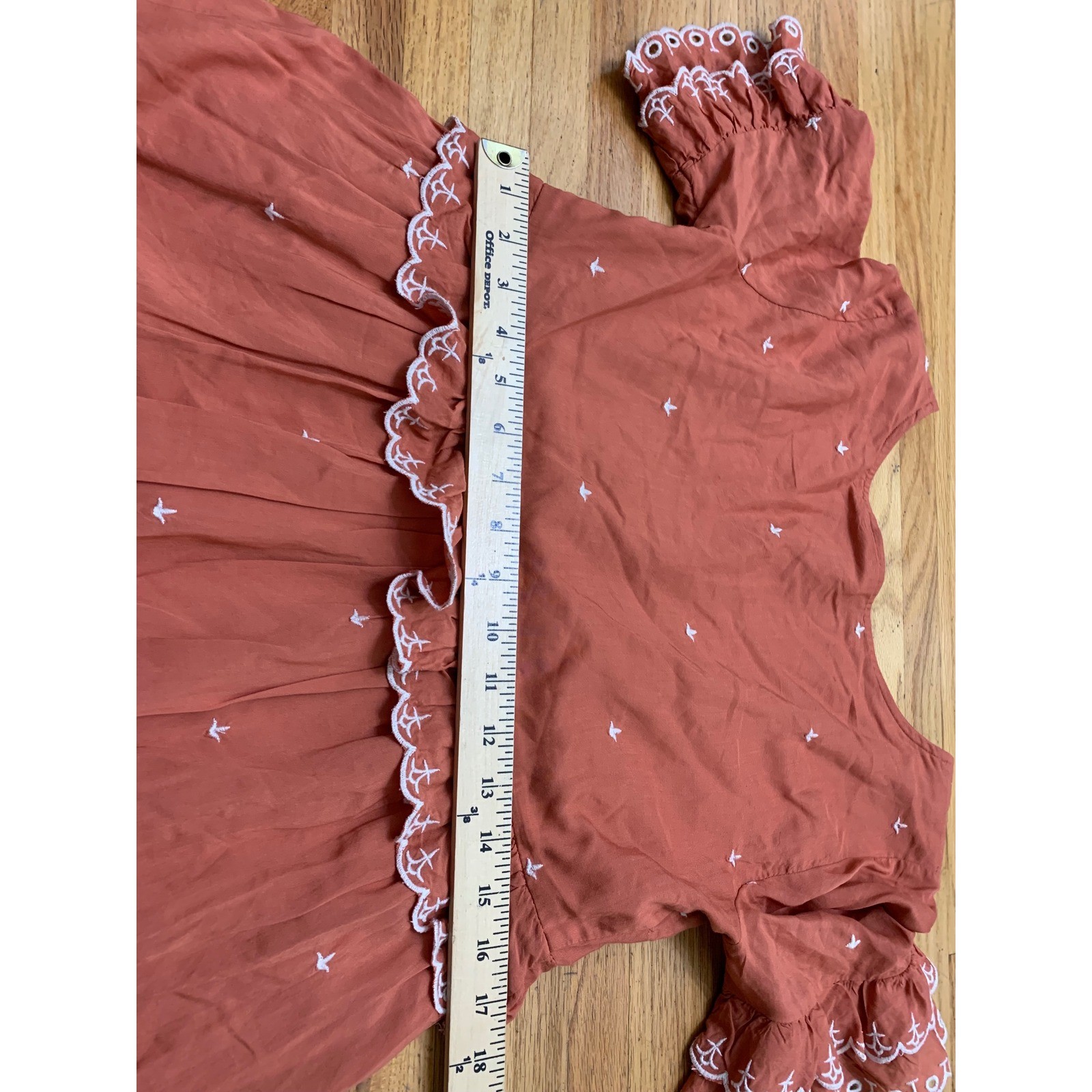Anthropologie Terracotta Orange Embroidered Ruffle Peplum V-Neck Dress Size 6