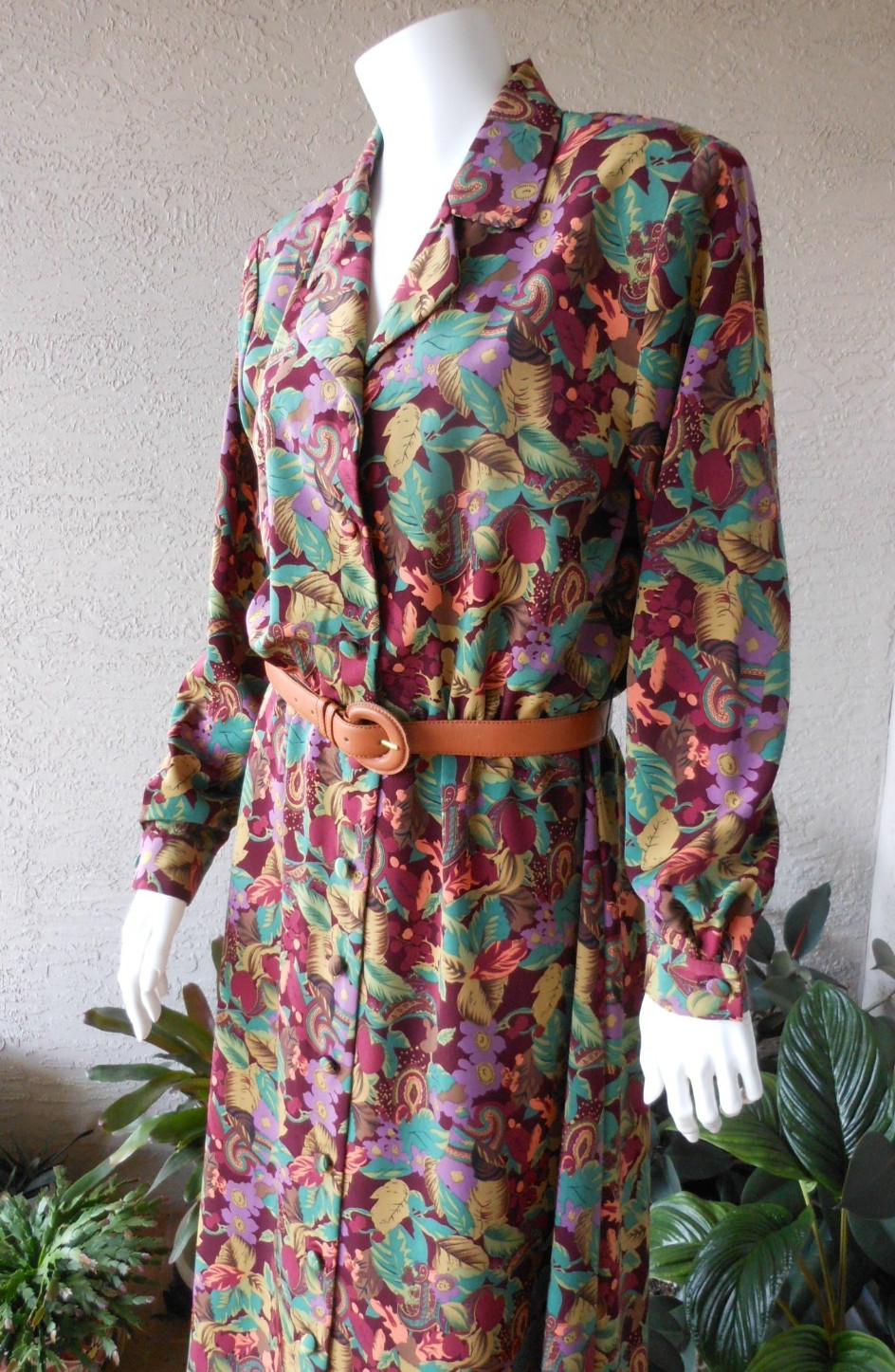 Nancy Crystal Dress Size 8 Fall Leaf Print Button Front Cottage Boho