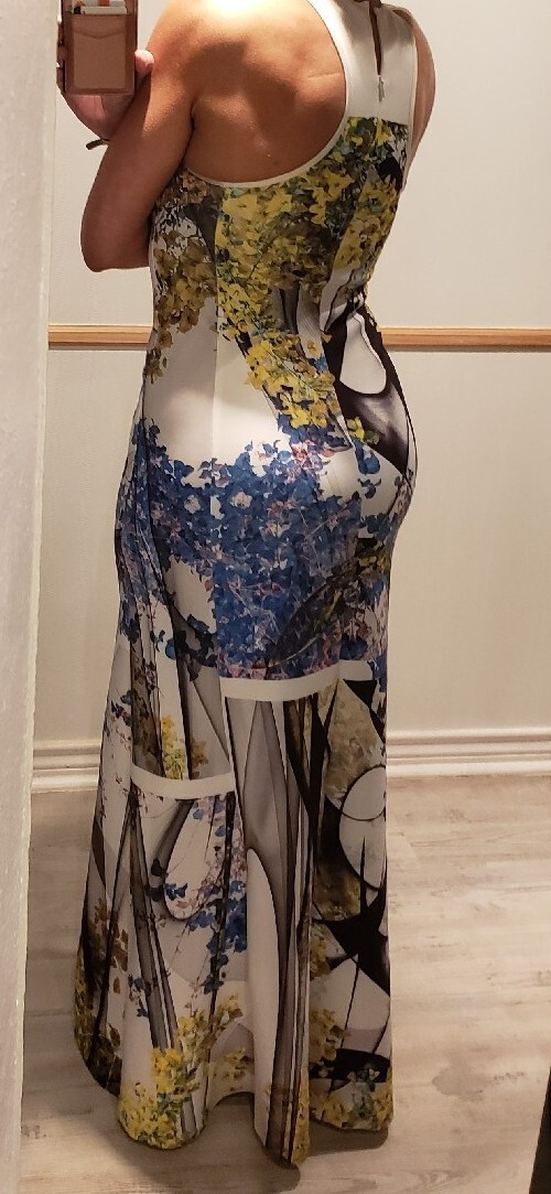 CLOVER CANYON Neoprene Scuba White Black Blue Lime Geo Print A-Line Maxi Dress M