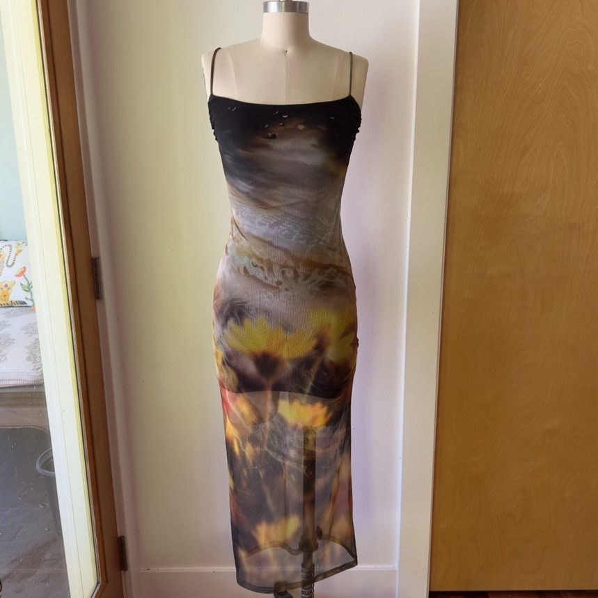 BERSHKA Strappy Tulle Midi Dress-Sheer Stretch Bodycon-Modern Print-Size XS