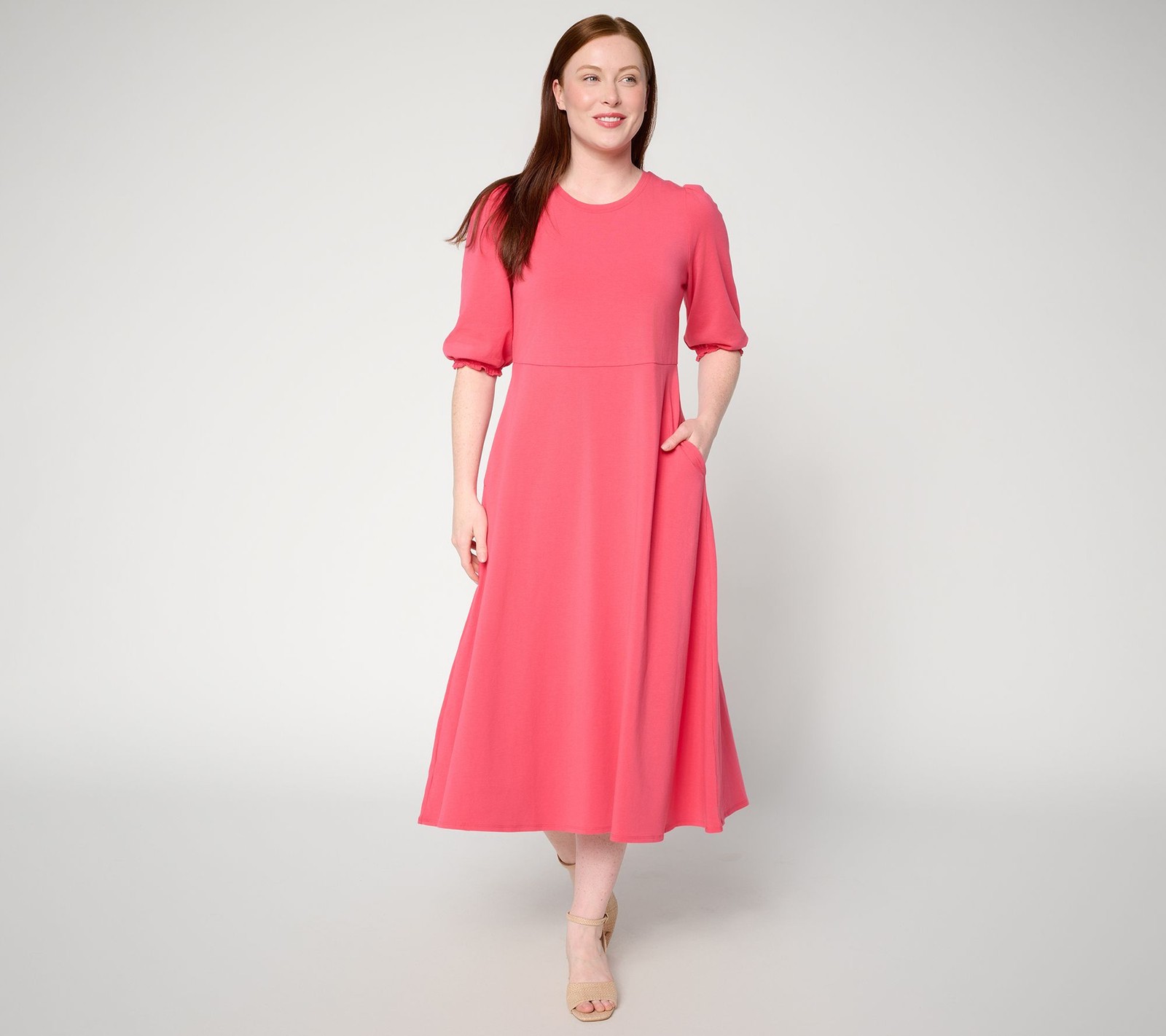 Ree by The Pioneer Woman Petite Puff Sleeve Knit Midi Dress Flame Red M New