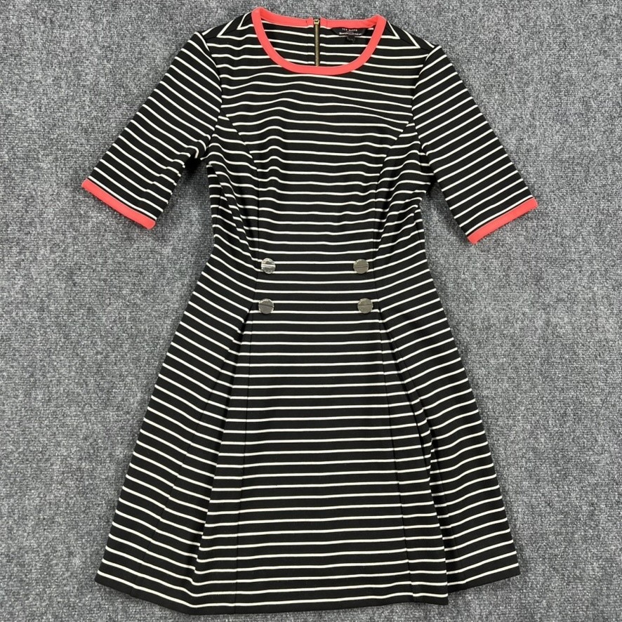 Ted Baker Dress Womens 4 Black Stripe Alexina Fit Flare Half Sleeve Nautical