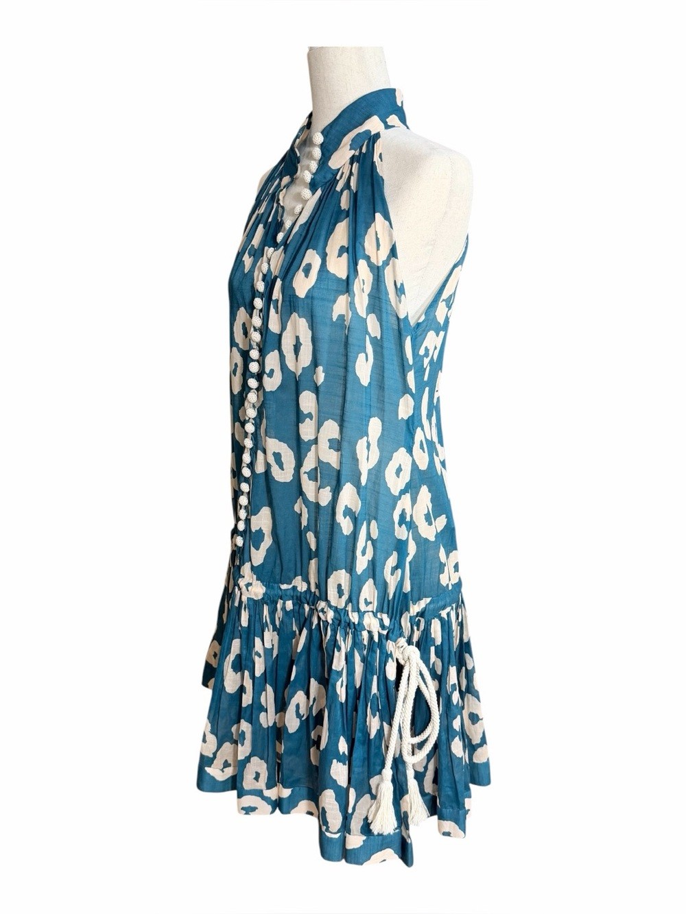 Zimmermann Teal & Light Beige Patterned Cotton Dress Sleeveless Crochet