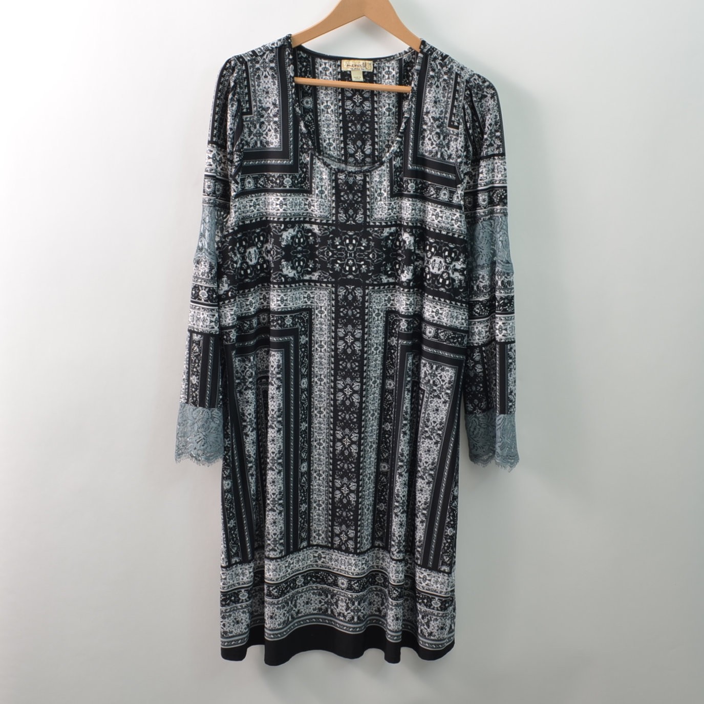 Oneworld Womens 1X Boho Knee Length Dress Black Woven Stretch Polyester Blend