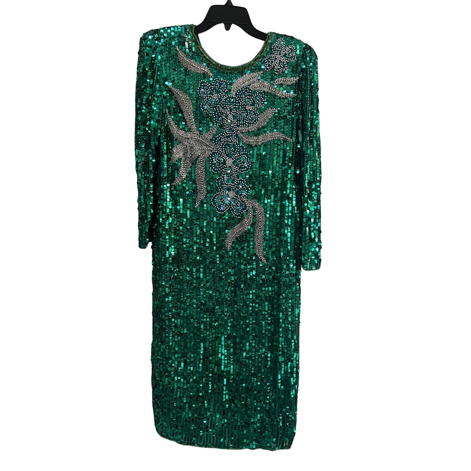 Vintage Sho Max Originals Green w/Silver Sequins Beaded Dress Mardi Gras 12