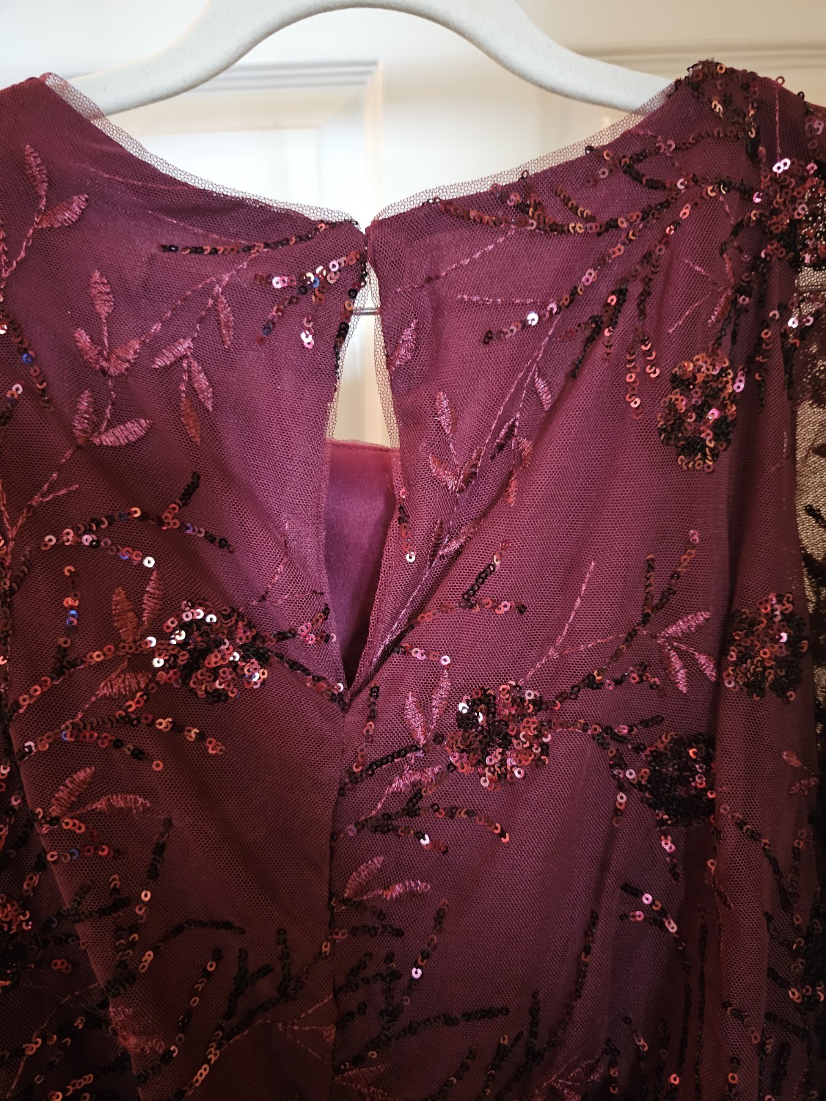 SLNY Tea Length Mesh Sequin Blouson Dress Plum Burgundy Size [Size 10]
