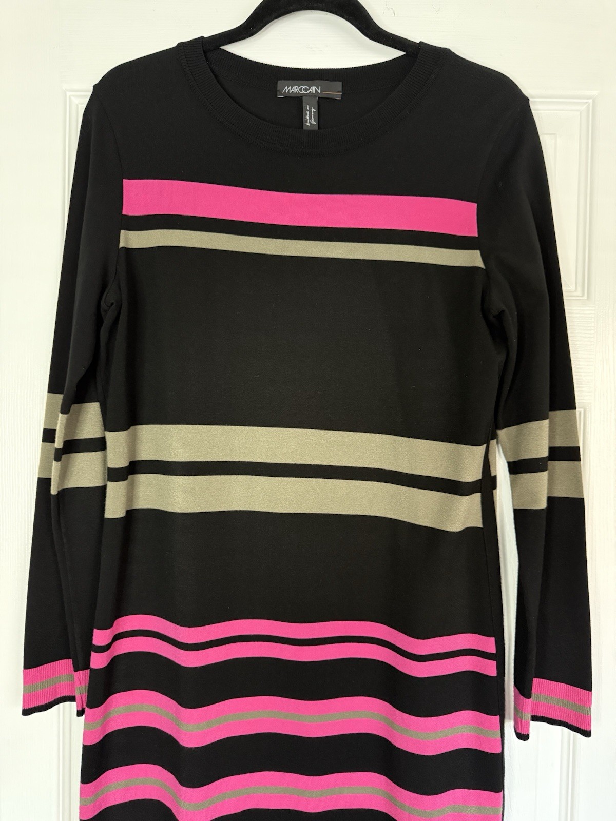 MARC CAIN Sport Striped RETHINK TOGETHER Stretch Knit Side Slit Dress N4 8 M / L