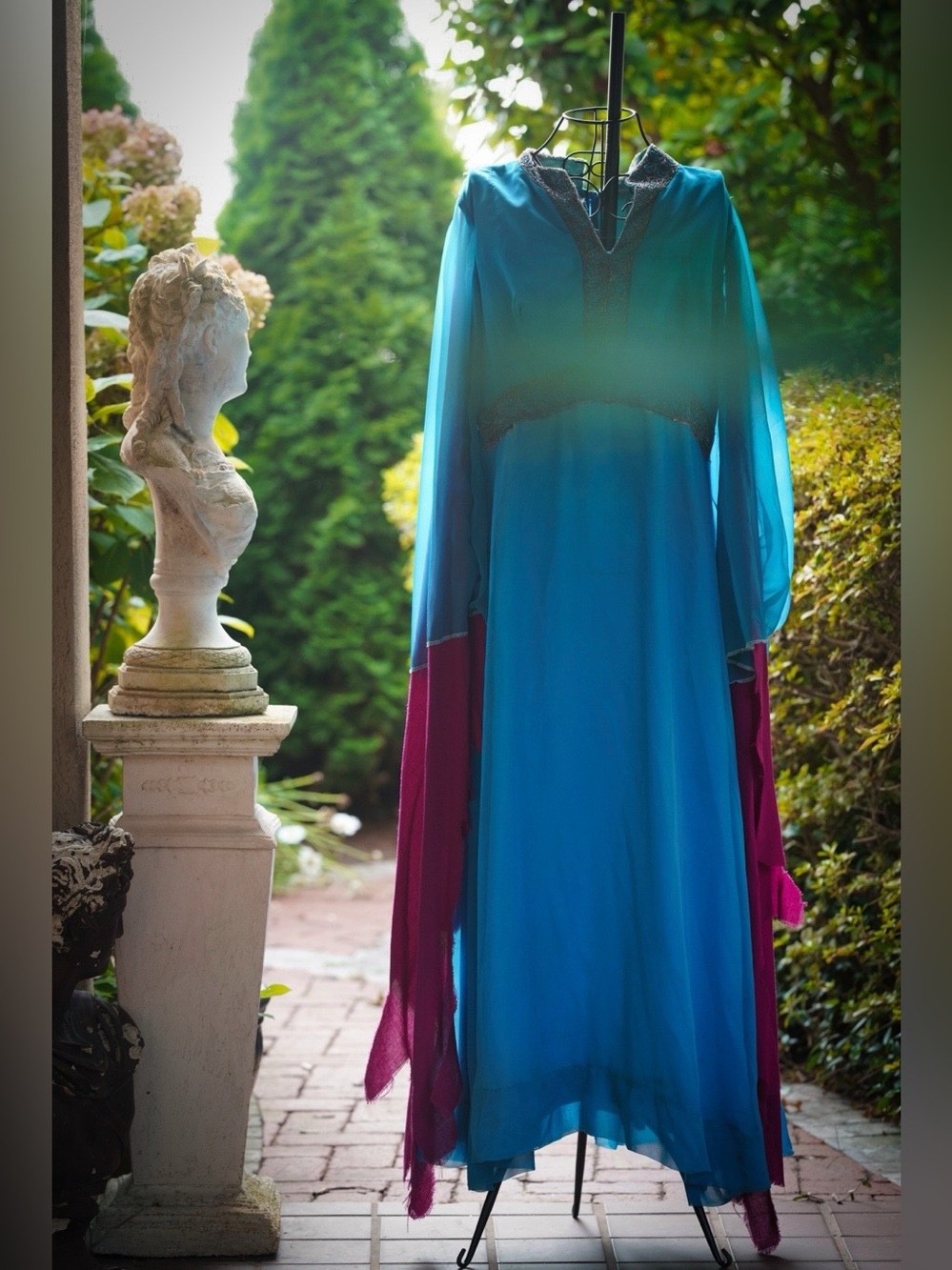 Turquoise Blue Beaded Kaftan Caftan Dress Long Sleeve Formal Boho M/L