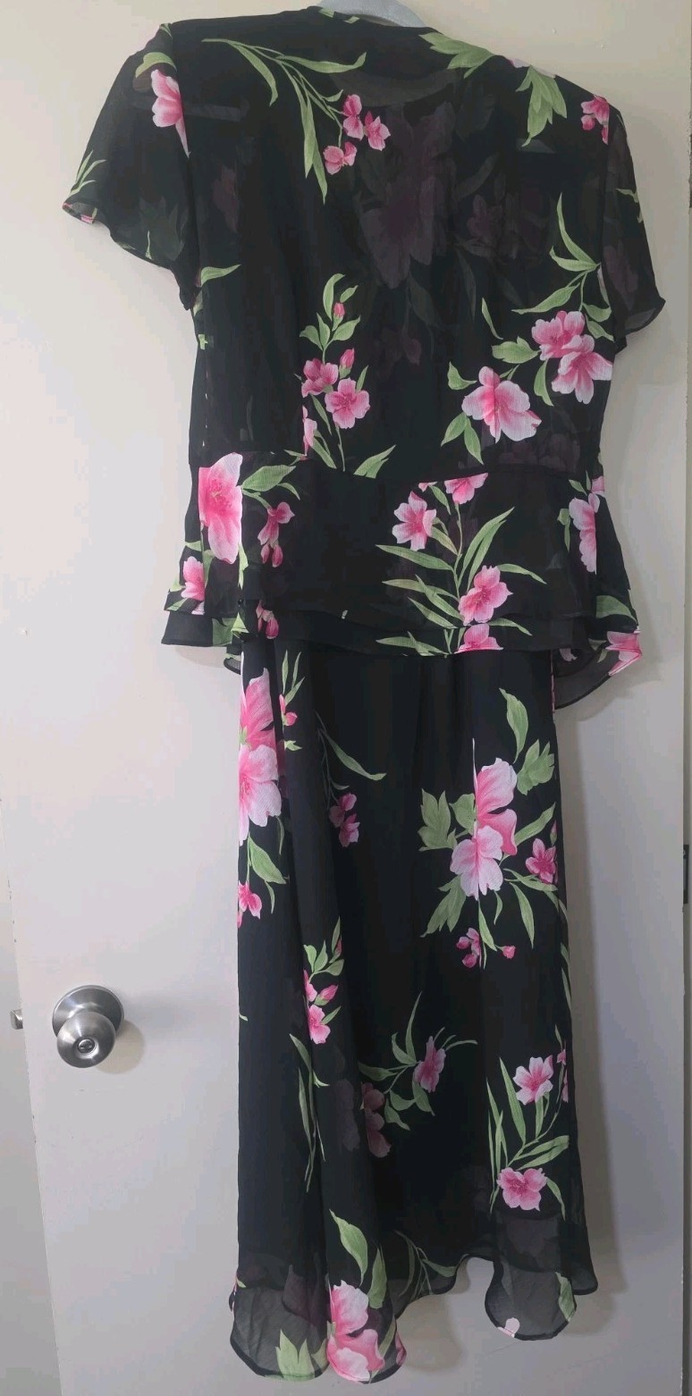 Vtg Studio 1 One Fairy Sheer Tank Maxi Dress Jacket 2pc Blk Pink Floral Sz 10